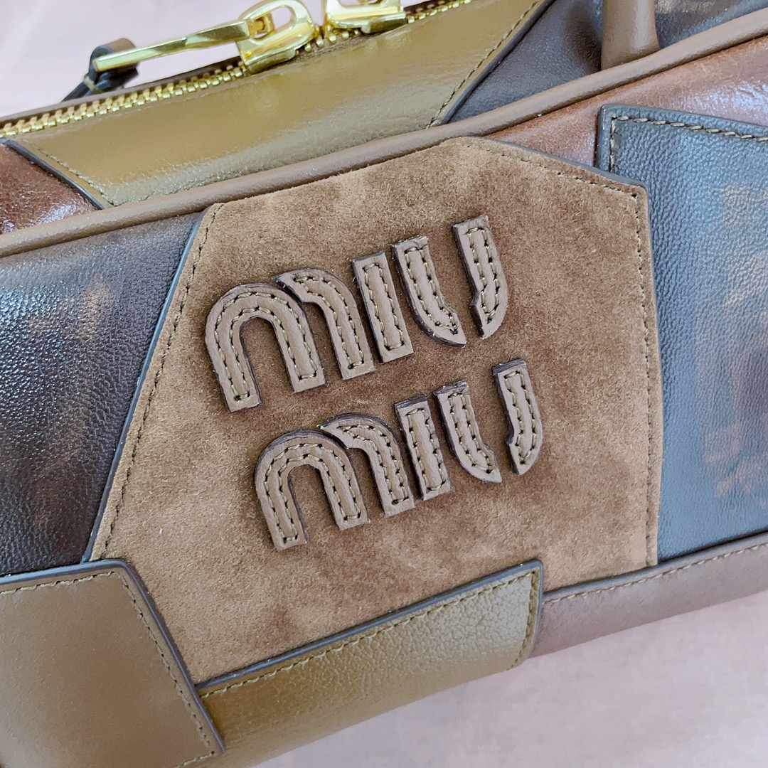 [TOP] Miu Miu Spliced Bowling Bag 28X12X9cm - Brown