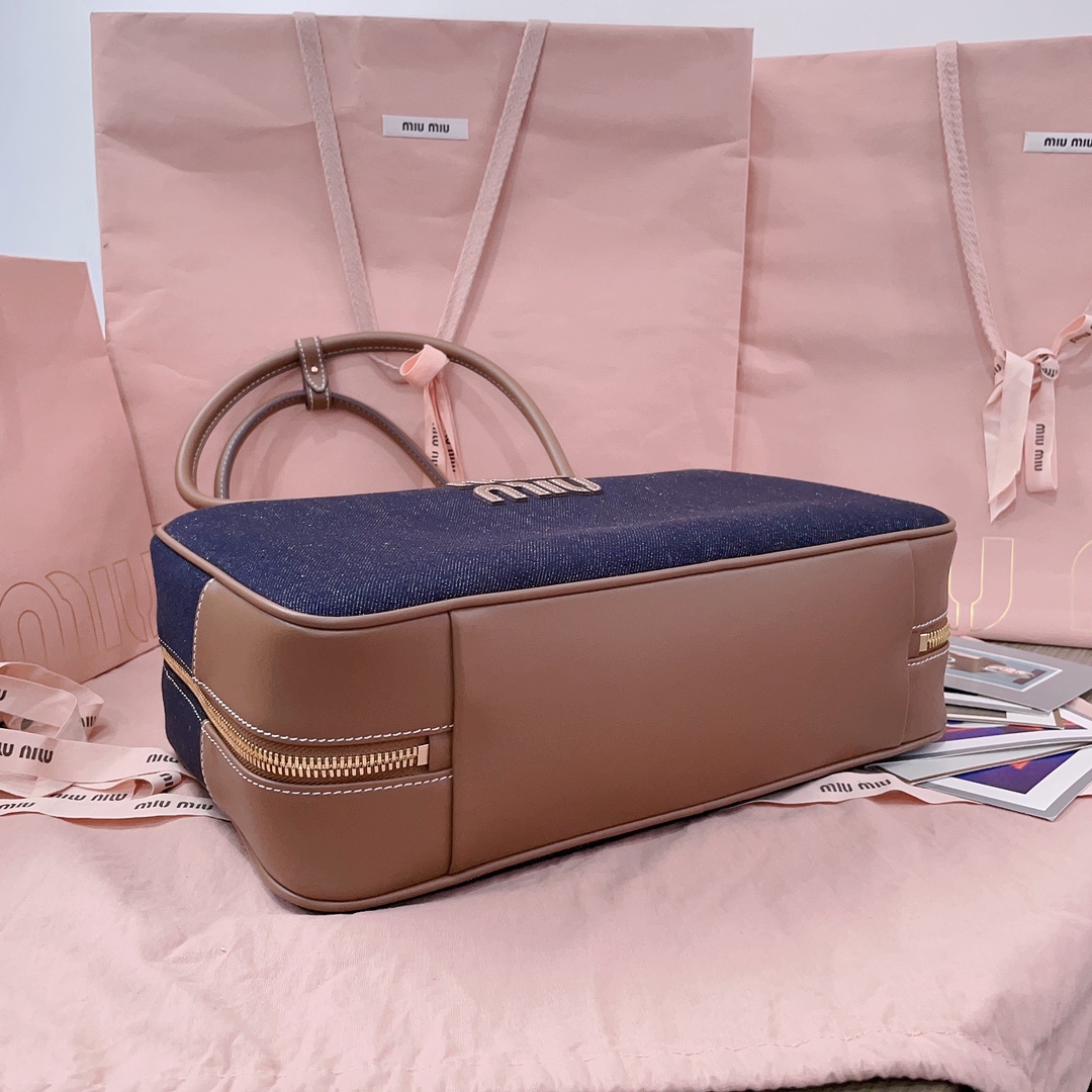 [TOP] Miu Miu Denim Briefcase Cowhide 34x23x12cm - Denim Blue