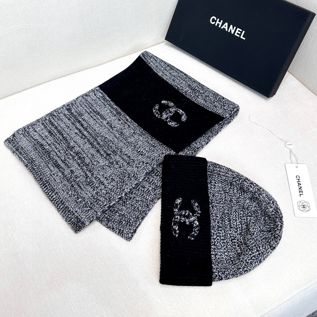 [TOP] CHANEL Cashmere Scarf 30*200cm + Hat - Gray