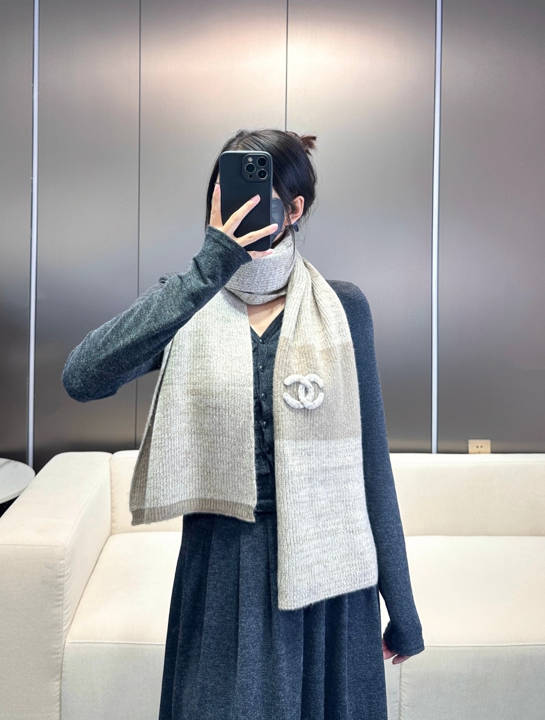 [TOP] CHANEL Cashmere Scarf 35*180cm - Khaki
