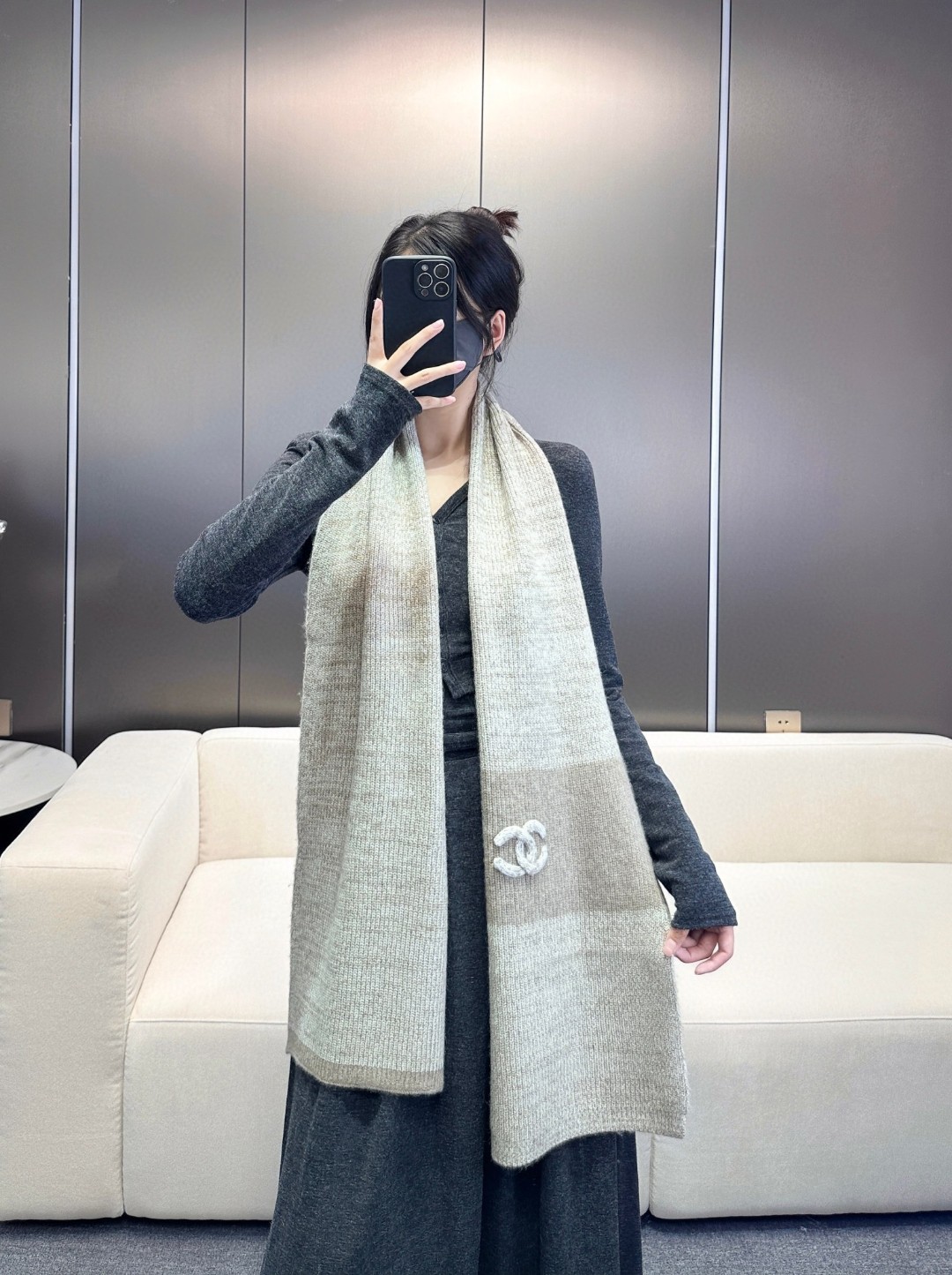 [TOP] CHANEL Cashmere Scarf 35*180cm - Khaki