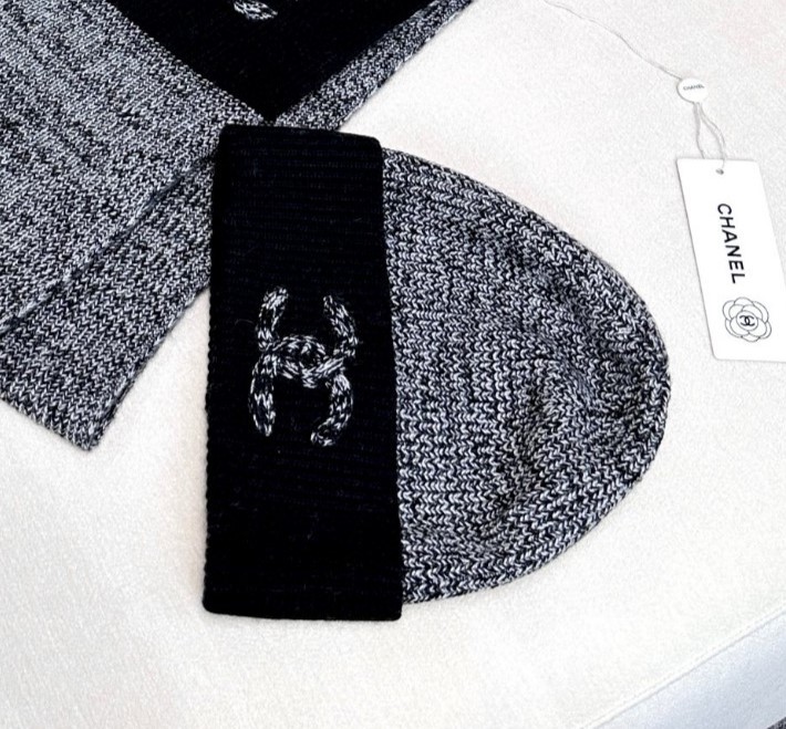 [TOP] CHANEL Cashmere Scarf 30*200cm + Hat - Gray