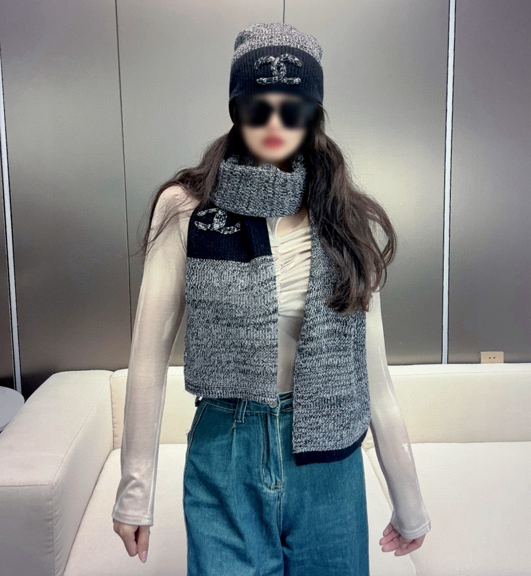 [TOP] CHANEL Cashmere Scarf 30*200cm + Hat - Gray