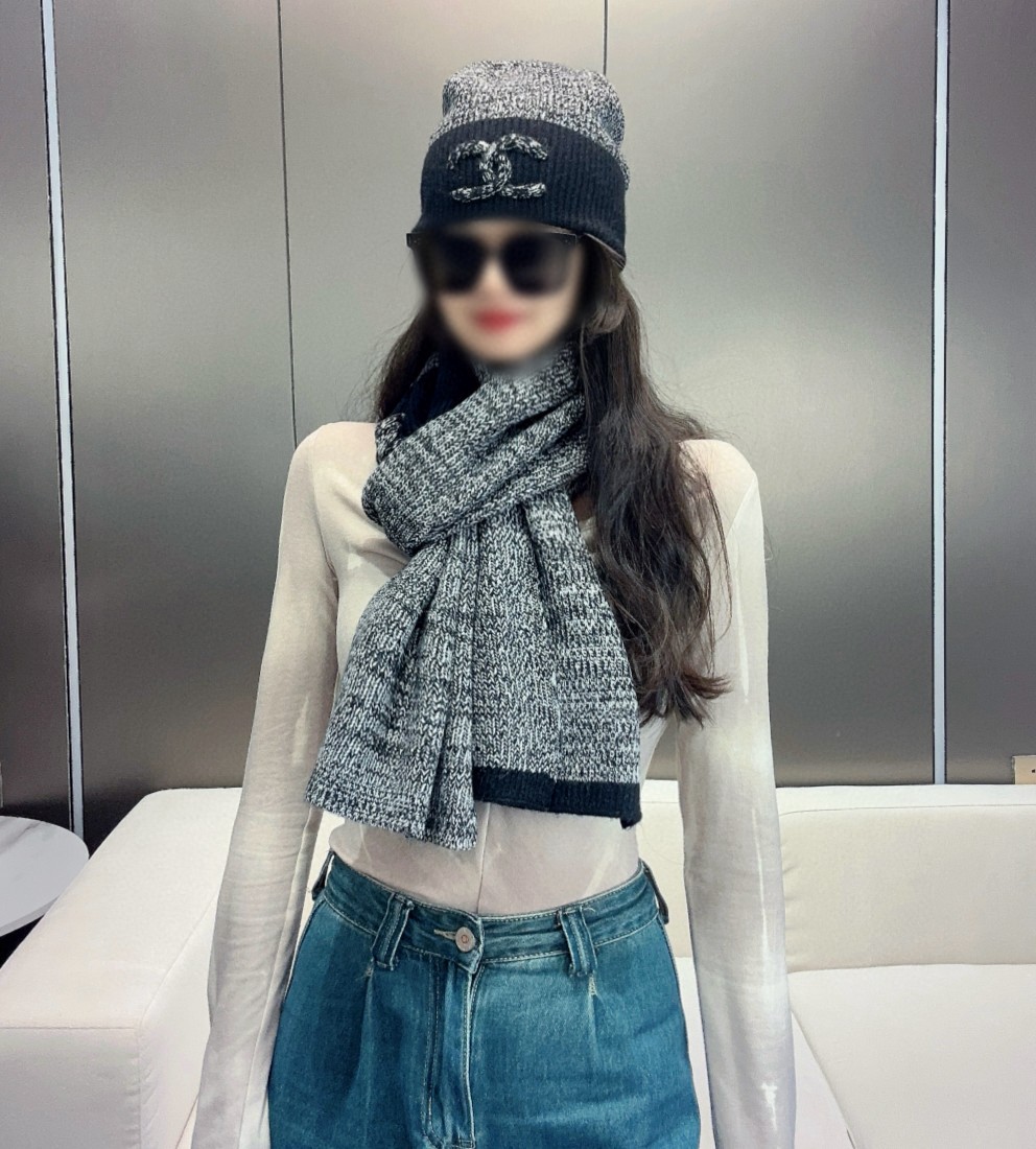 [TOP] CHANEL Cashmere Scarf 30*200cm + Hat - Gray