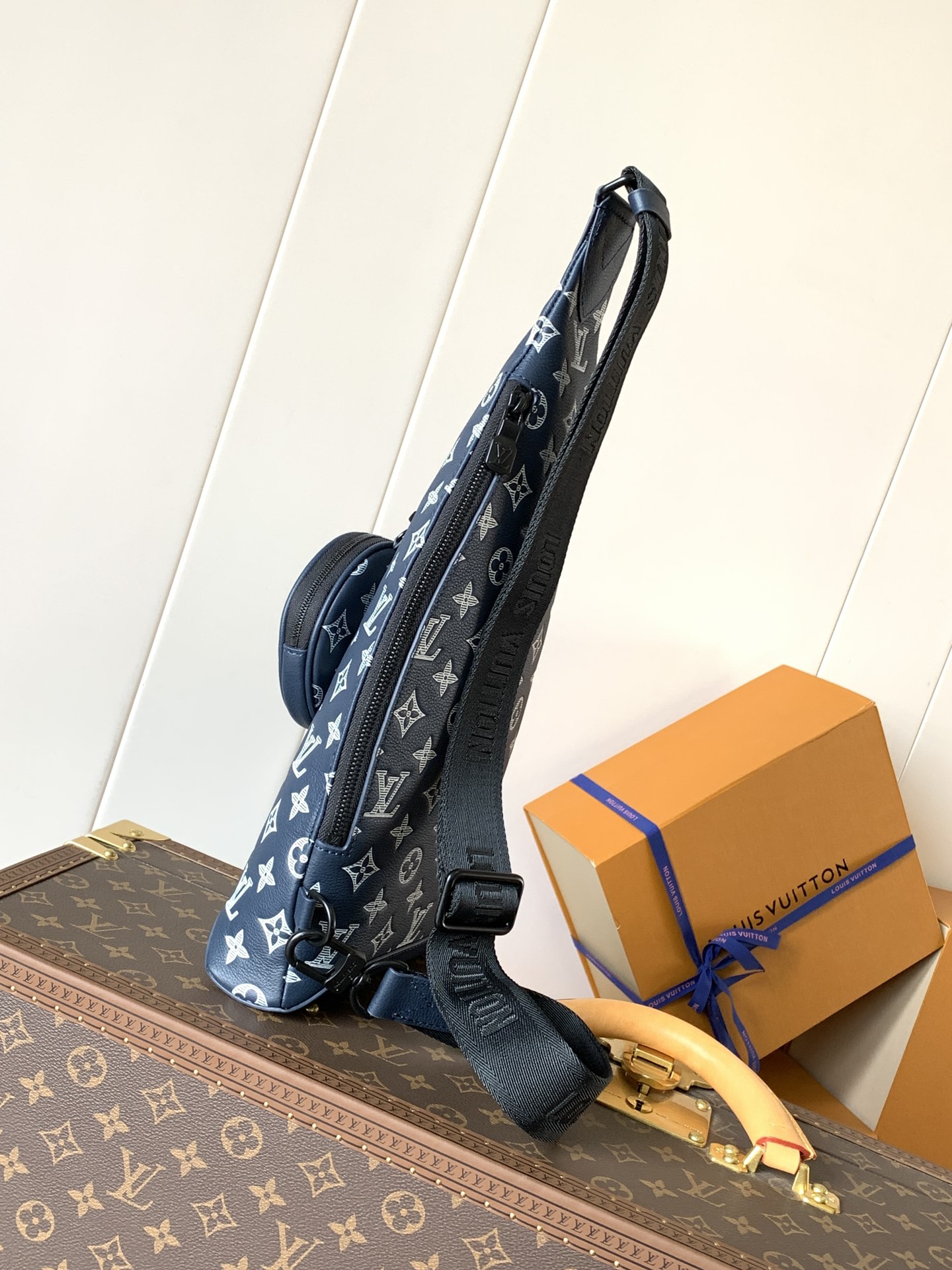 [TOP] Louis Vuitton LV Men's Duo Shoulder Bag Monogram Shadow Calf Leather 20 x 42 x 6cm - Blue