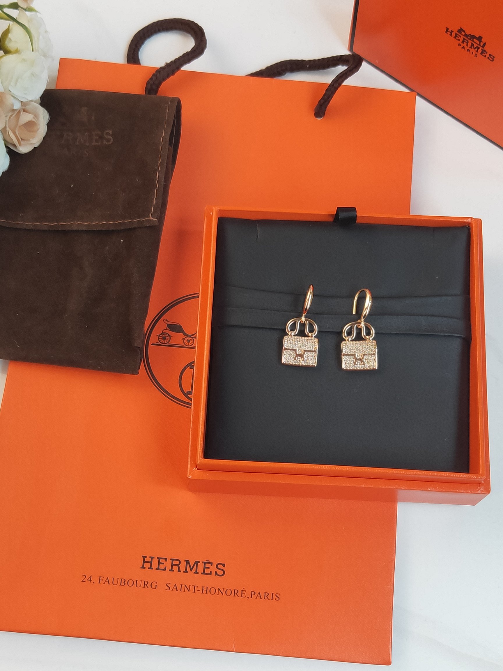 [TOP] HERMES Diamond Bag Earring-Gold