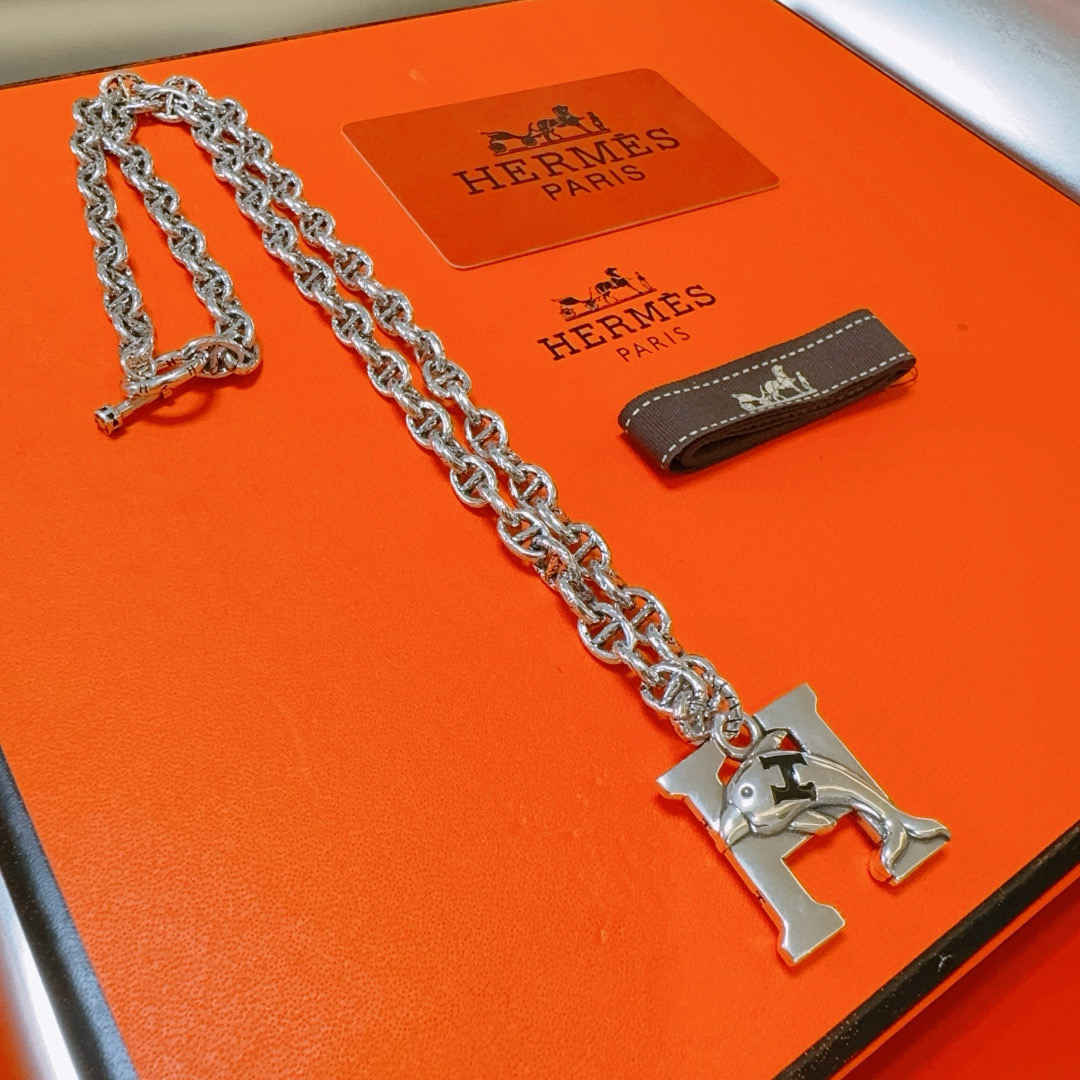[TOP] HERMES H Long Necklace-Sliver