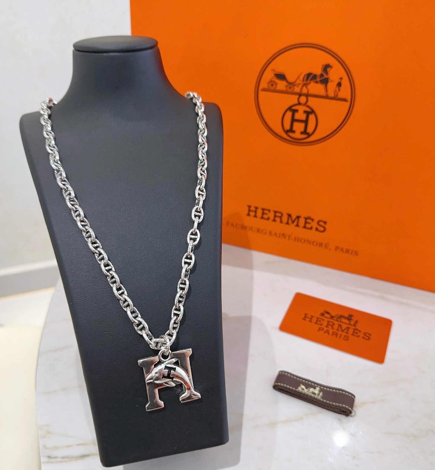 [TOP] HERMES H Long Necklace-Sliver