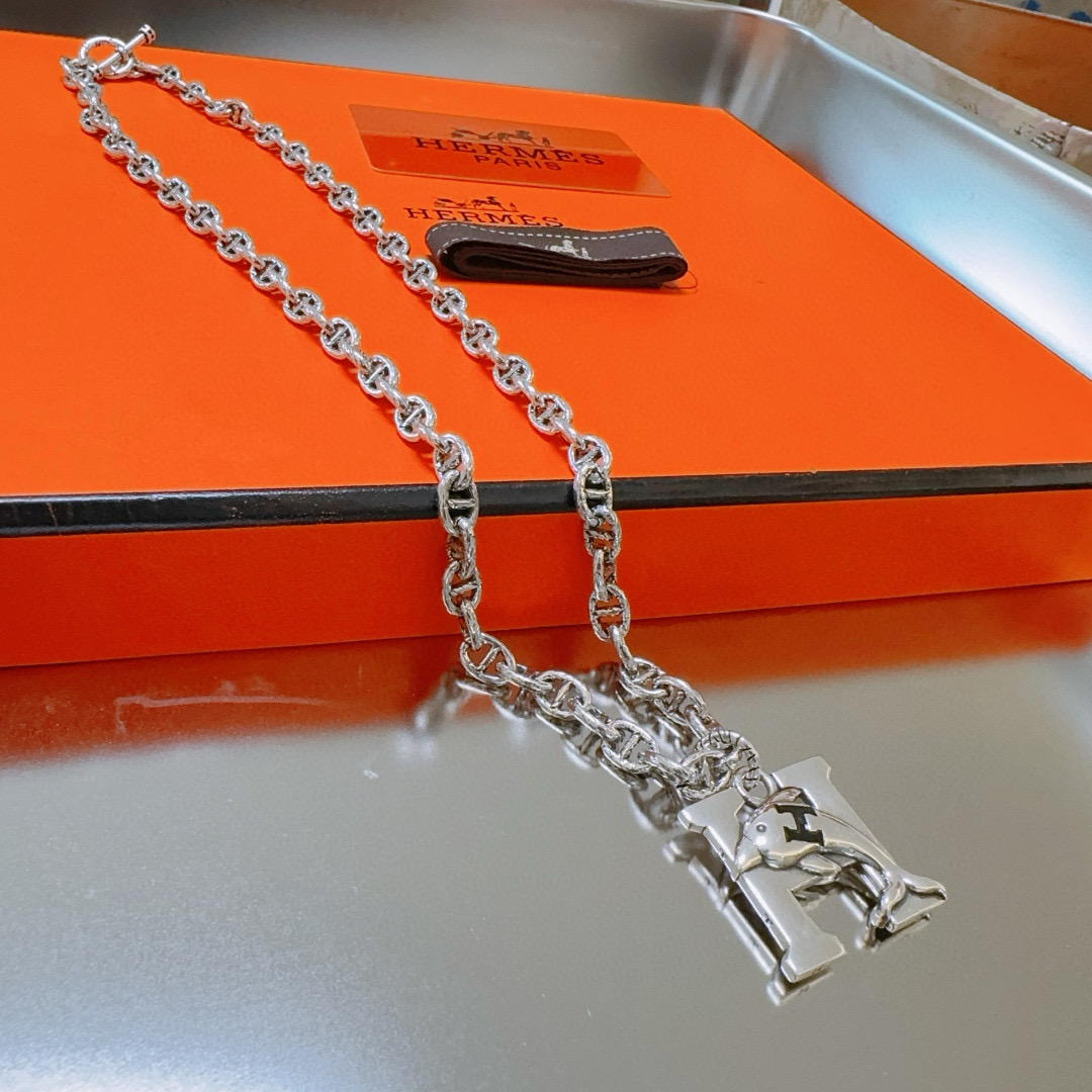 [TOP] HERMES H Long Necklace-Sliver
