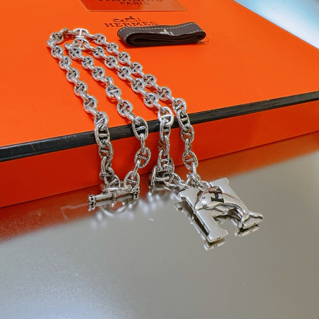 [TOP] HERMES H Long Necklace-Sliver