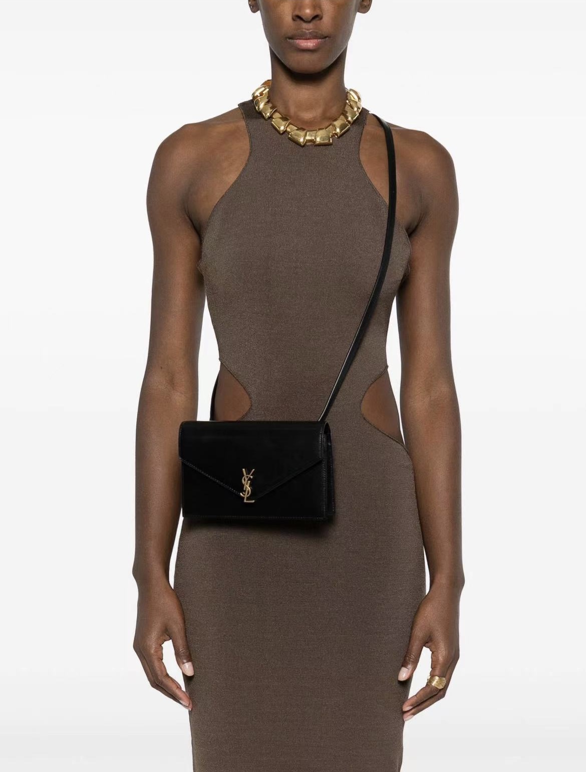 [TOP] Yves Saint Laurent YSL Cassandre-plaque Envelope Belt Bag Calfskin 19x12x3.5cm - Black&GWH