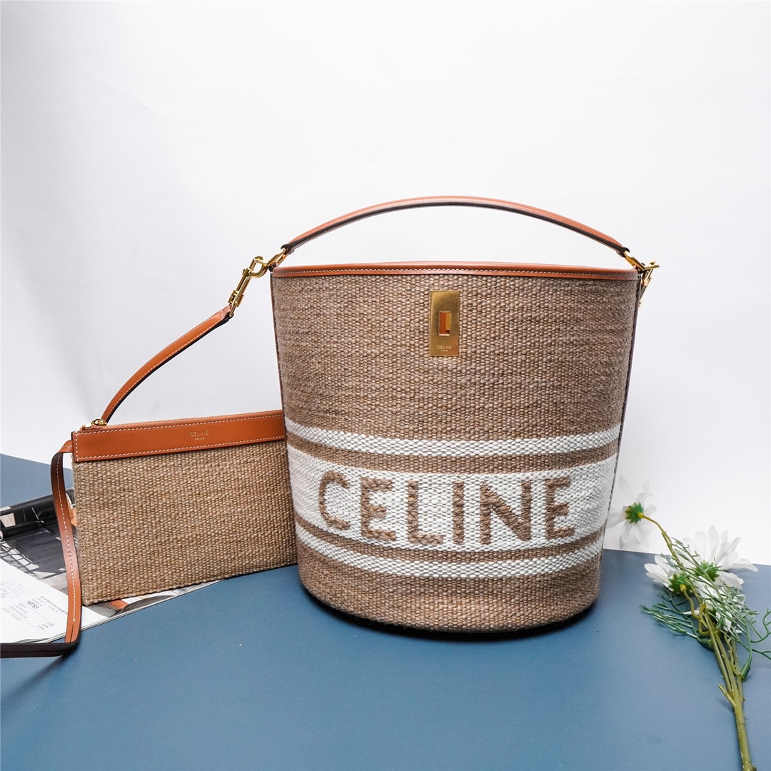 [TOP] CELINE Wool Textile Fabric with Cow Leather Bucket 16 Bag 23 X 25 X 23cm - Brown and White
