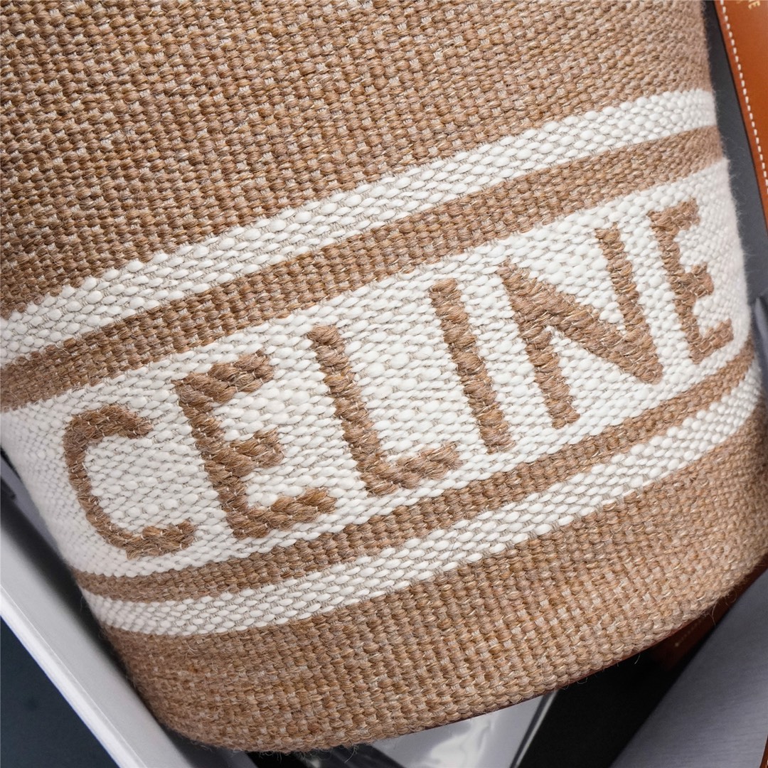 [TOP] CELINE Wool Textile Fabric with Cow Leather Bucket 16 Bag 23 X 25 X 23cm - Brown and White