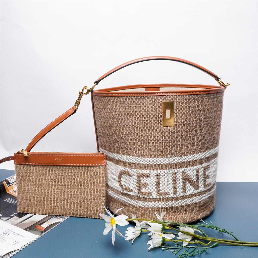 [TOP] CELINE Wool Textile Fabric with Cow Leather Bucket 16 Bag 23 X 25 X 23cm - Brown and White