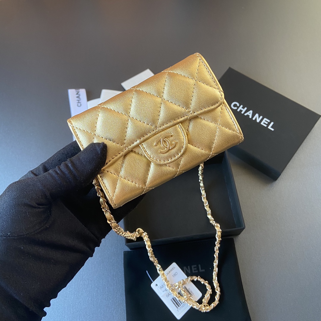 [TOP] CHANEL Small Chain Card Bag Sheepskin 11×7cm -  2 Colour