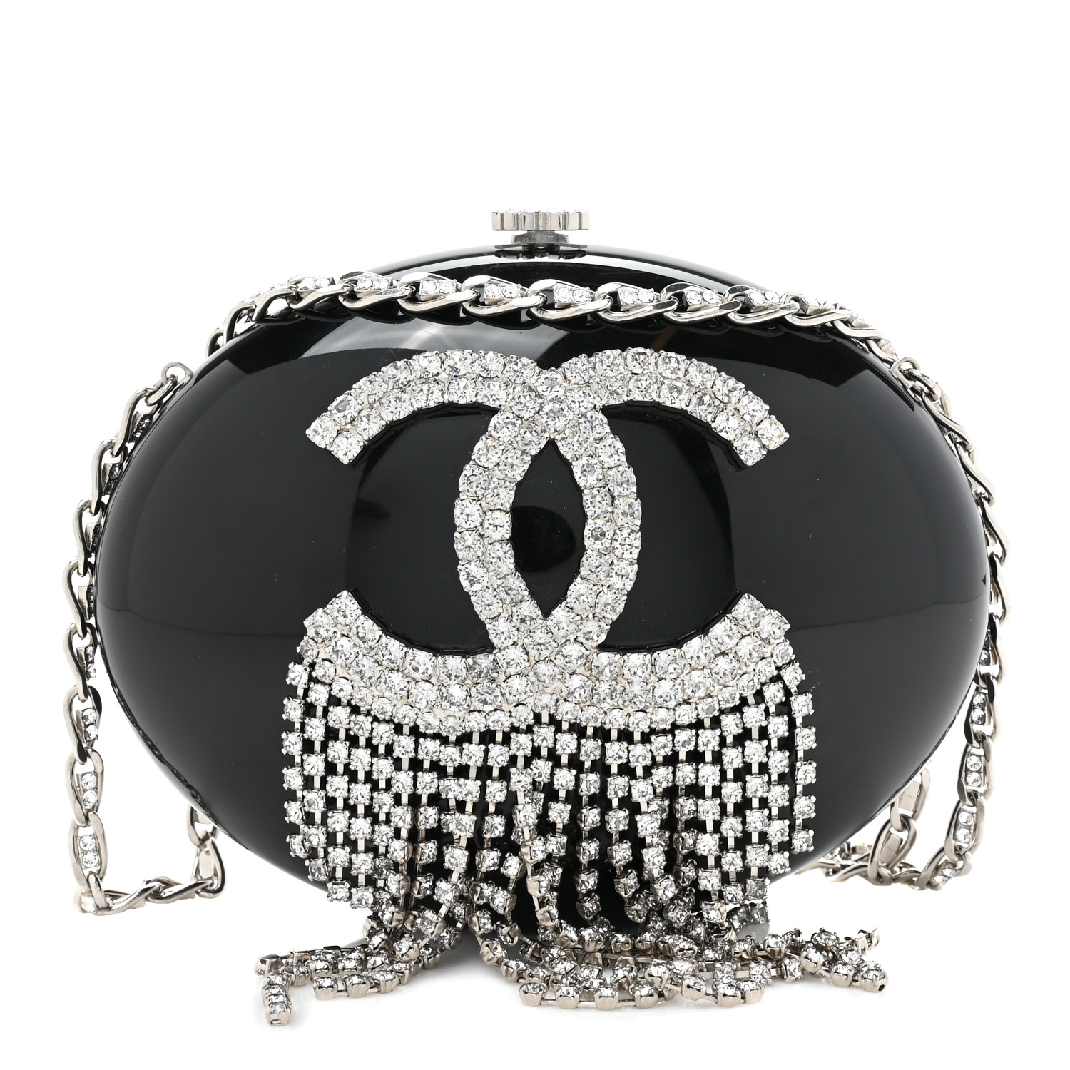 [TOP] CHANEL Resin Crystal Chain Fringe CC Oval Minaudière 19.5×15×5cm  - Black