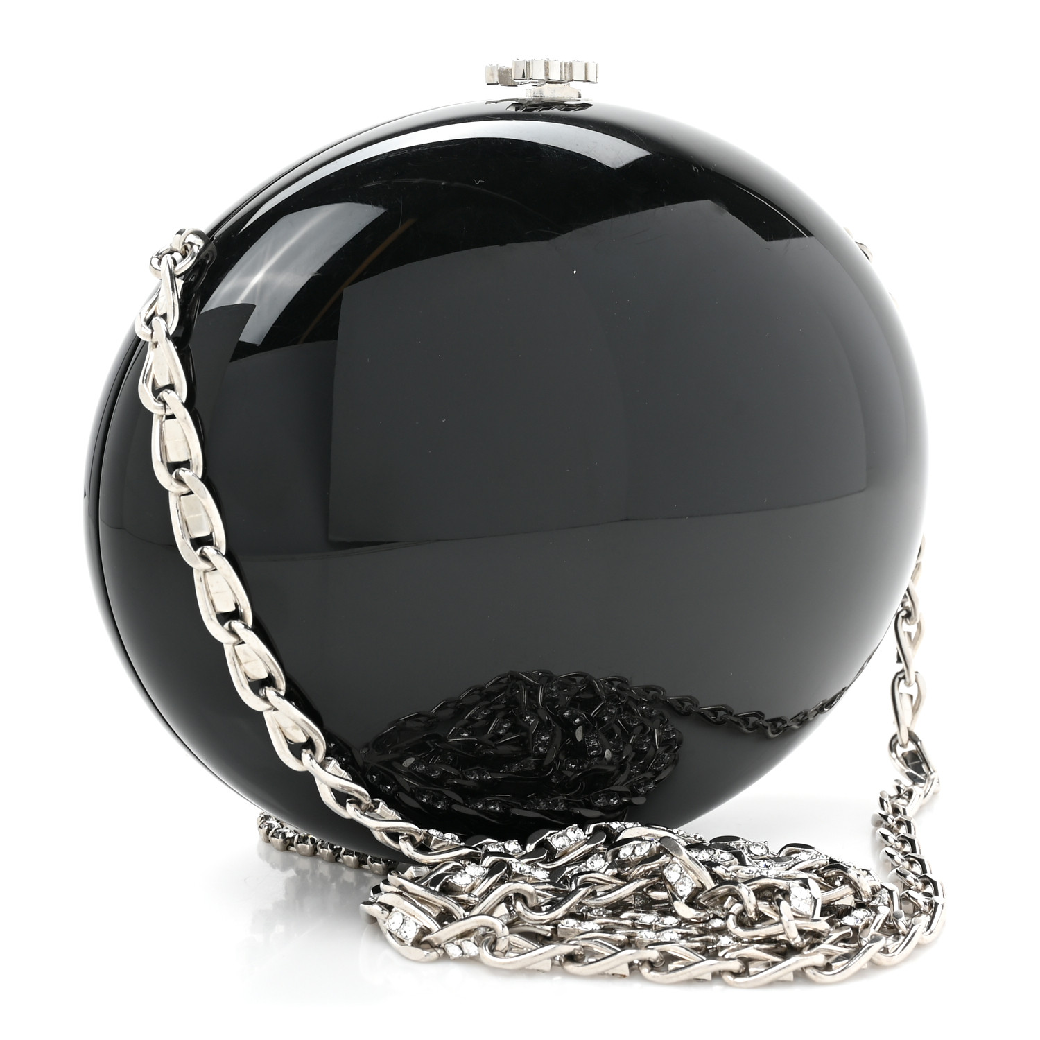 [TOP] CHANEL Resin Crystal Chain Fringe CC Oval Minaudière 19.5×15×5cm  - Black
