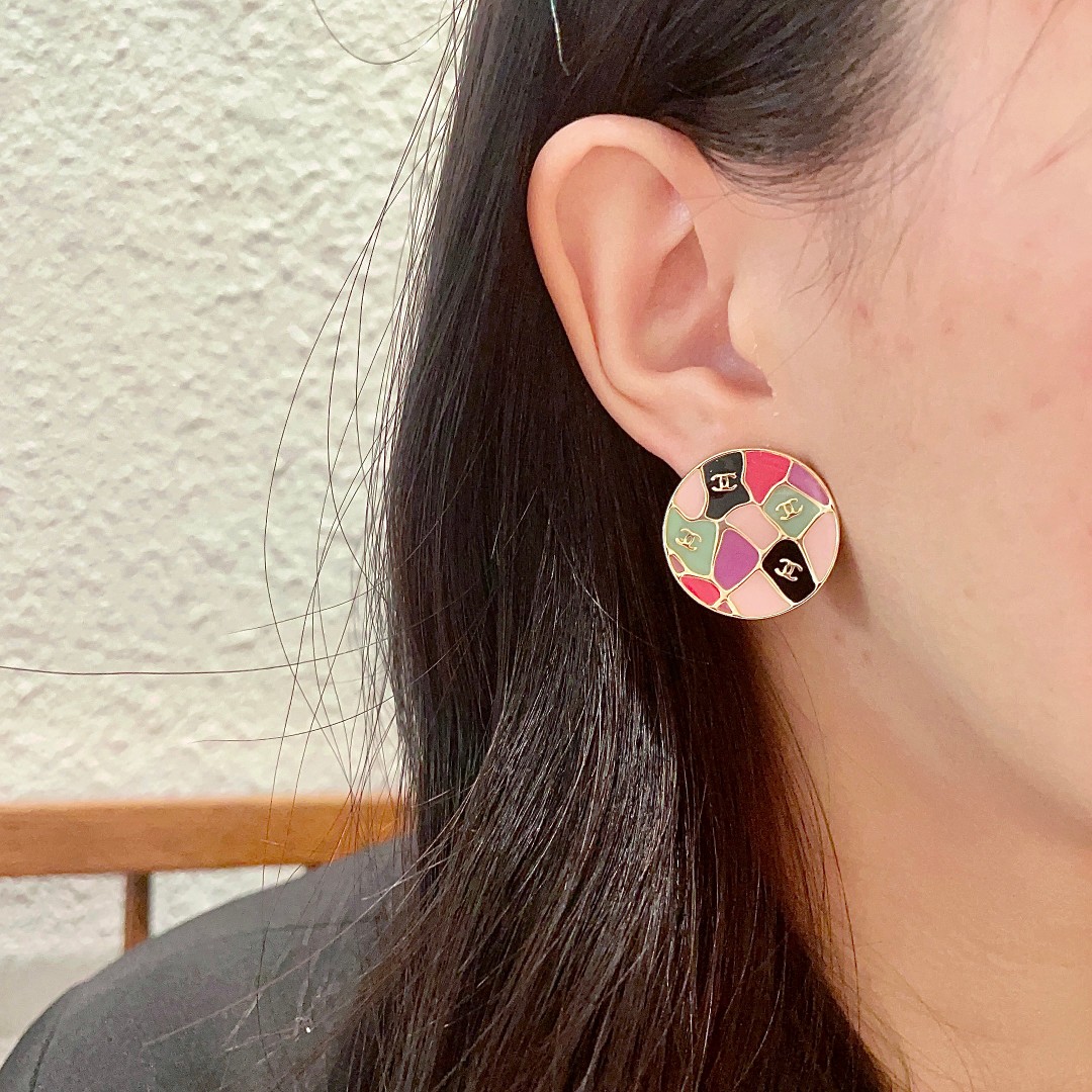 [TOP] CHANEL CC Earrings- Black and Pink