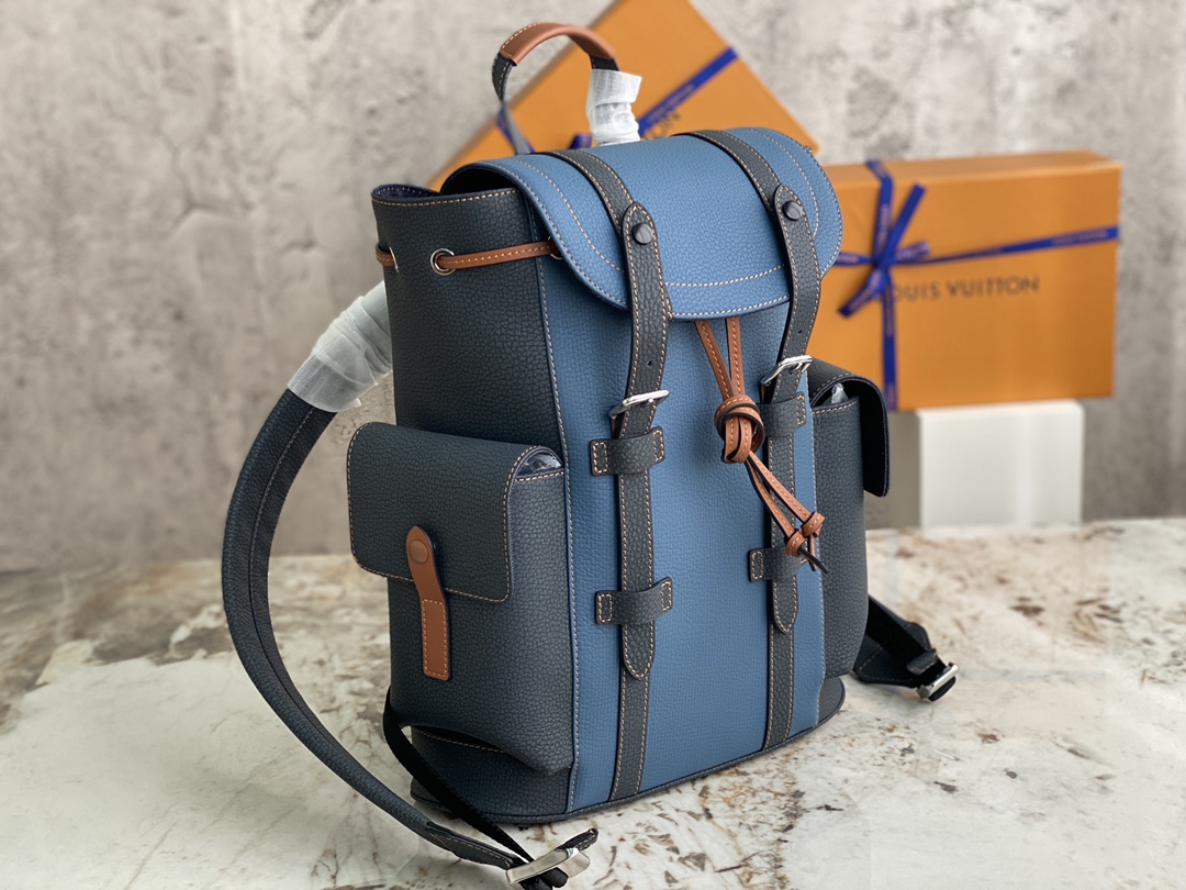 [TOP] Louis Vuitton LV Men's Christopher Backpack Taurillon Leather 32x39x12cm - Denim