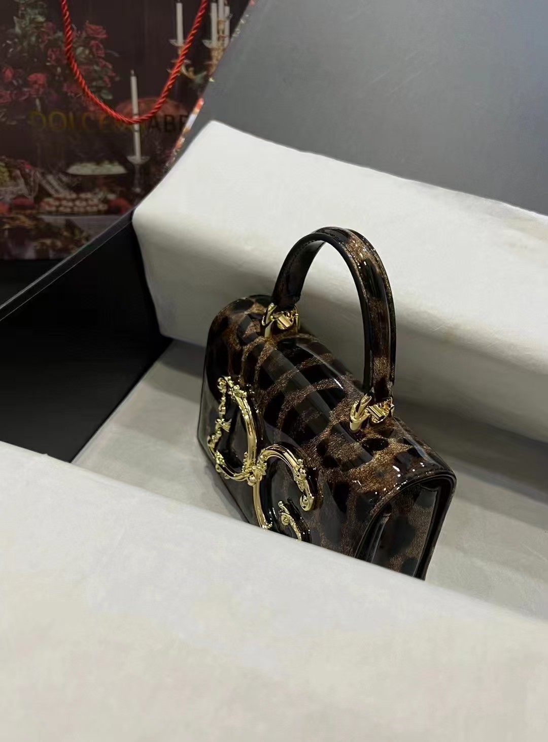 [TOP] Dolce & Gabbana D&G Handle Bag Patent Leopard 18x10x5cm - Black