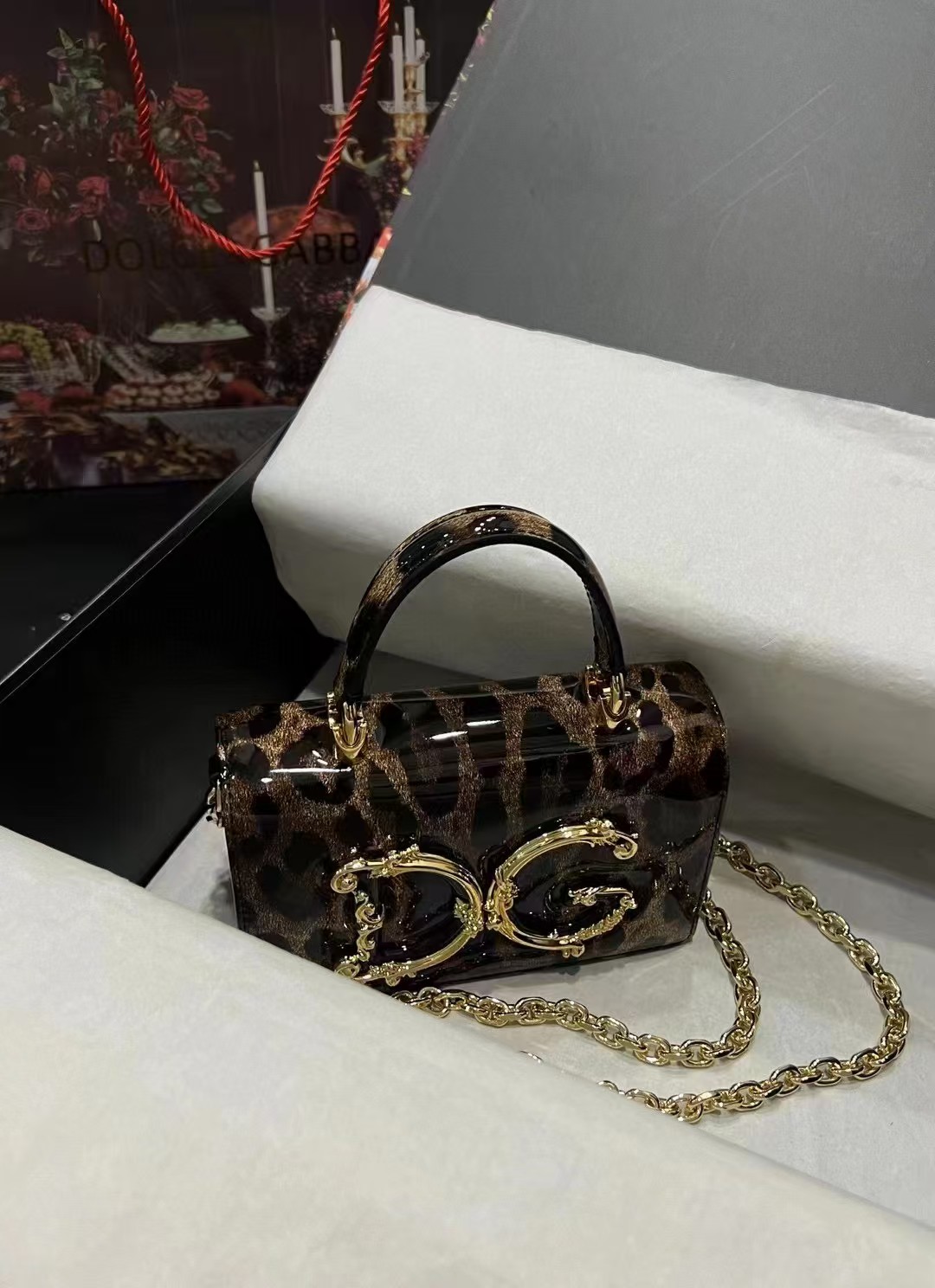 [TOP] Dolce & Gabbana D&G Handle Bag Patent Leopard 18x10x5cm - Black