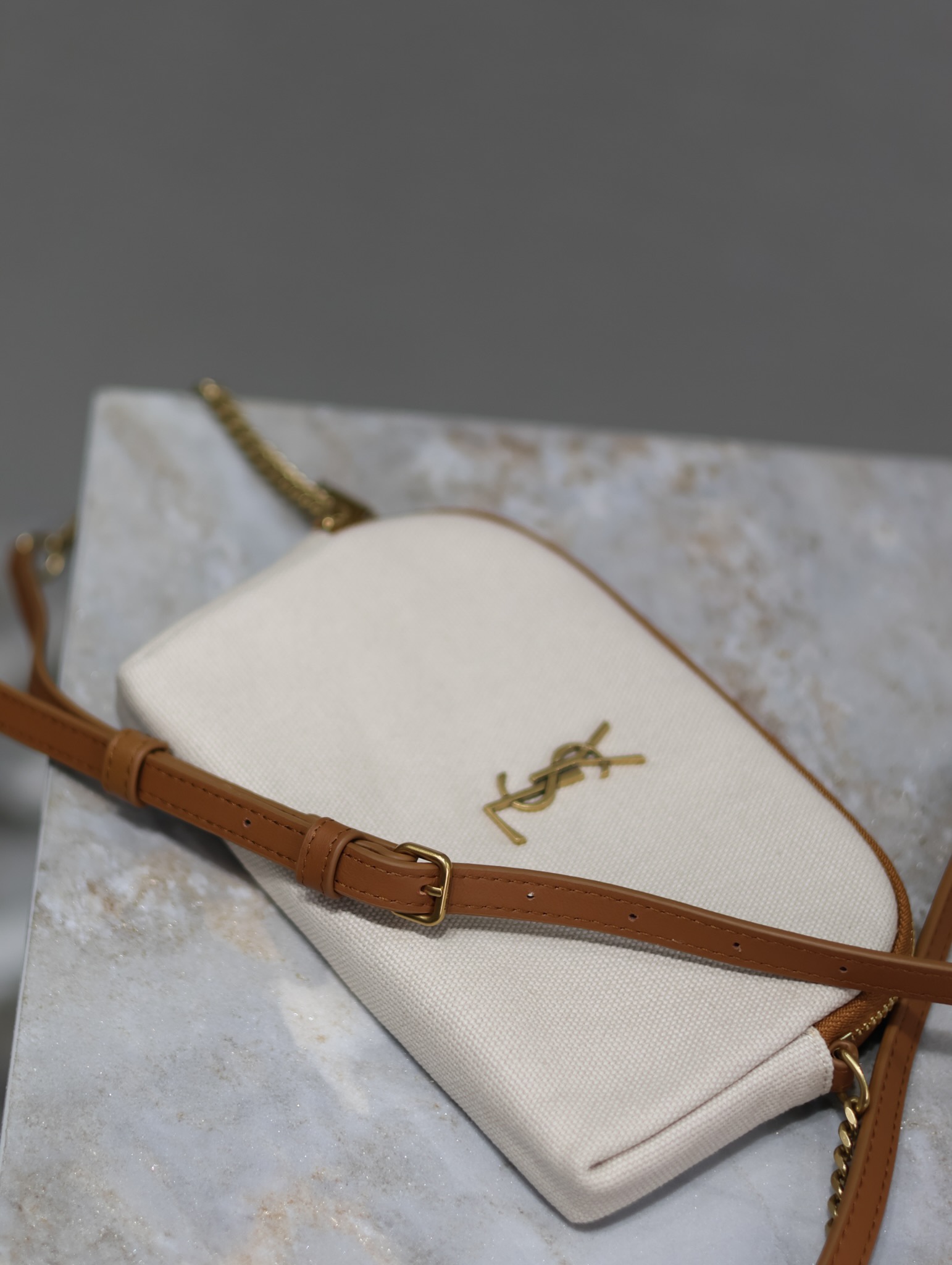 [TOP] Yves Saint Laurent YSL Gaby Bag Canvas 19x3x3.5cm - Beige&GHW