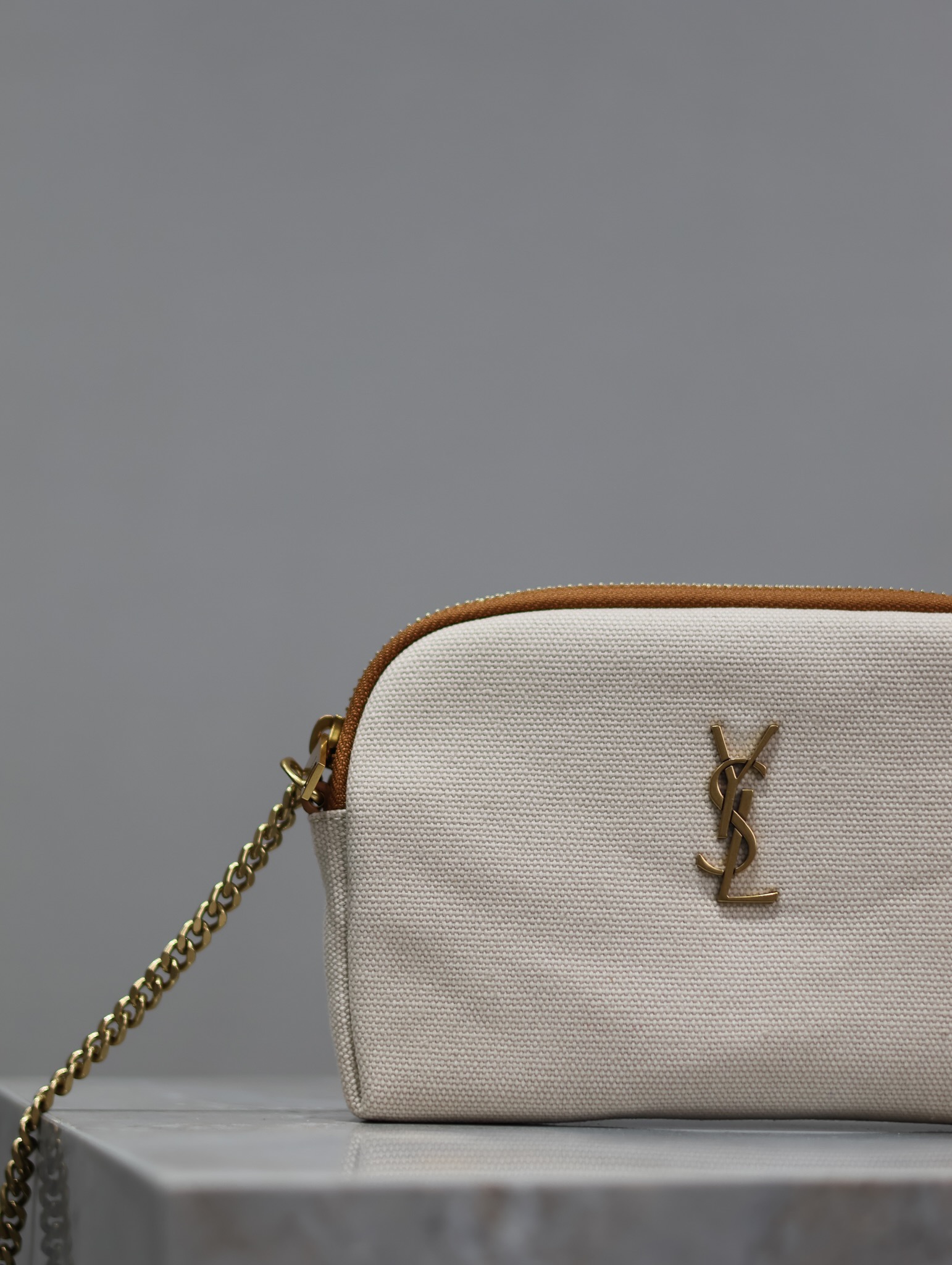 [TOP] Yves Saint Laurent YSL Gaby Bag Canvas 19x3x3.5cm - Beige&GHW