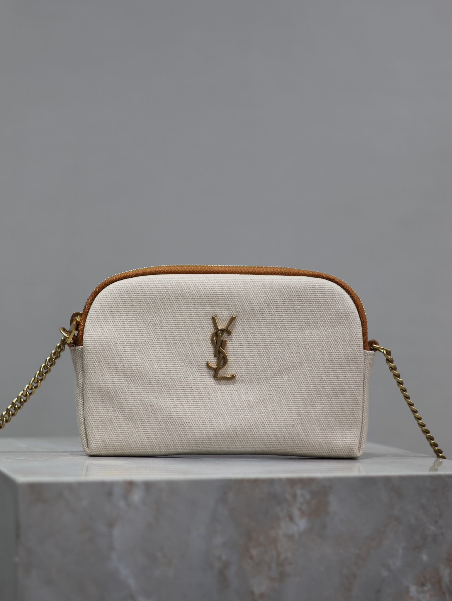[TOP] Yves Saint Laurent YSL Gaby Bag Canvas 19x3x3.5cm - Beige&GHW