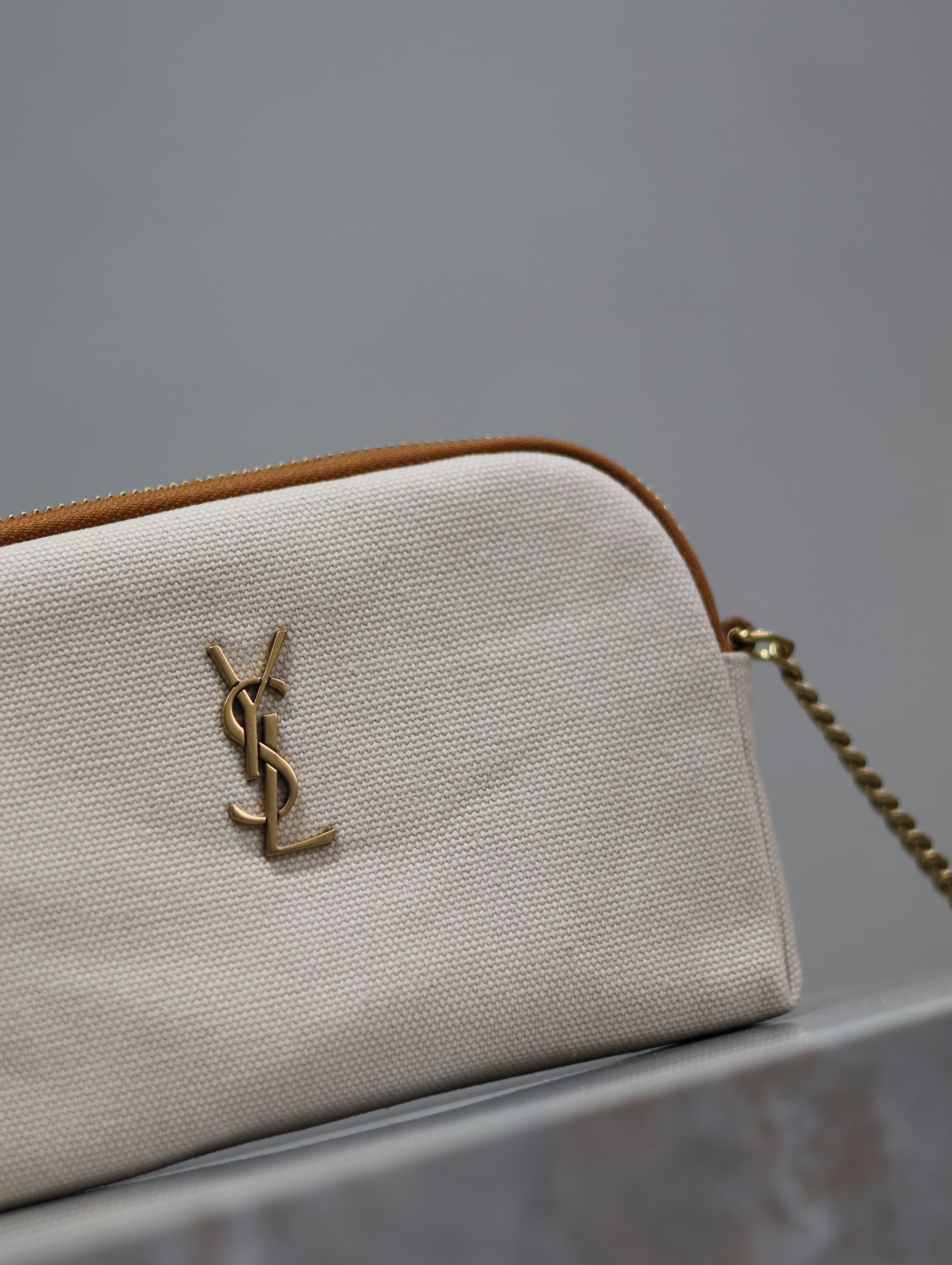 [TOP] Yves Saint Laurent YSL Gaby Bag Canvas 19x3x3.5cm - Beige&GHW