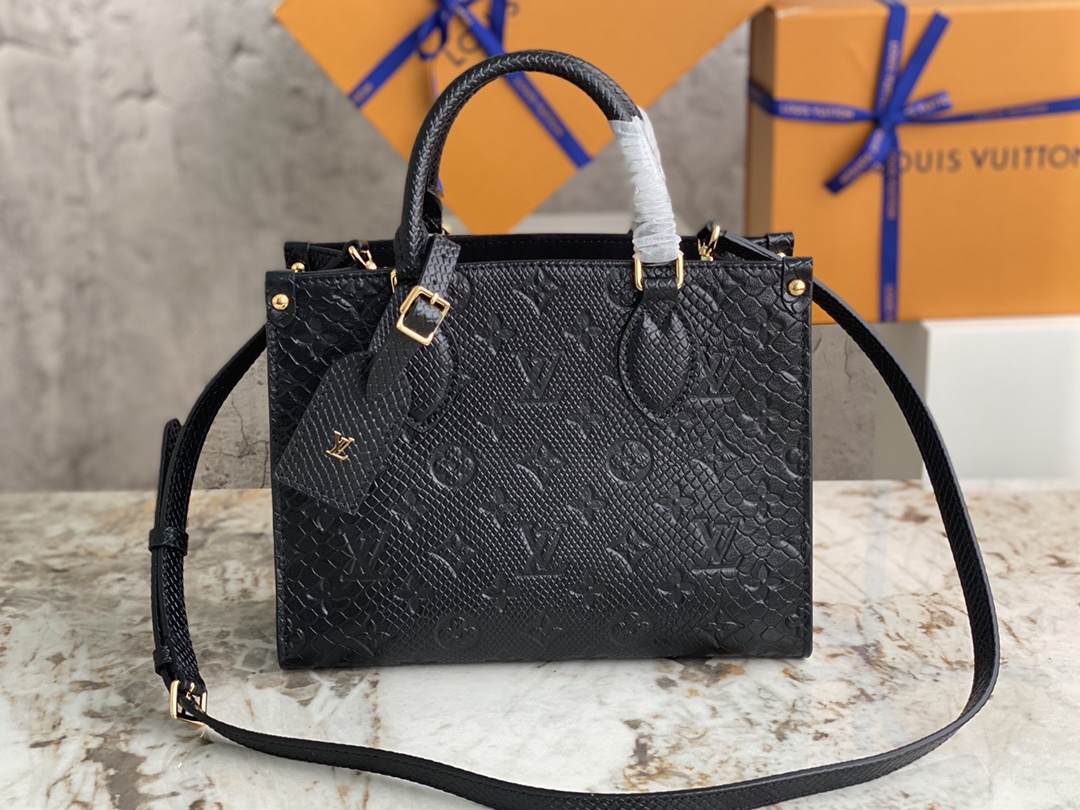 [TOP] Louis Vuitton LV On The Go Tote Bag Monogram Lizard Pattern Calfskin 25x11x19cm - Black