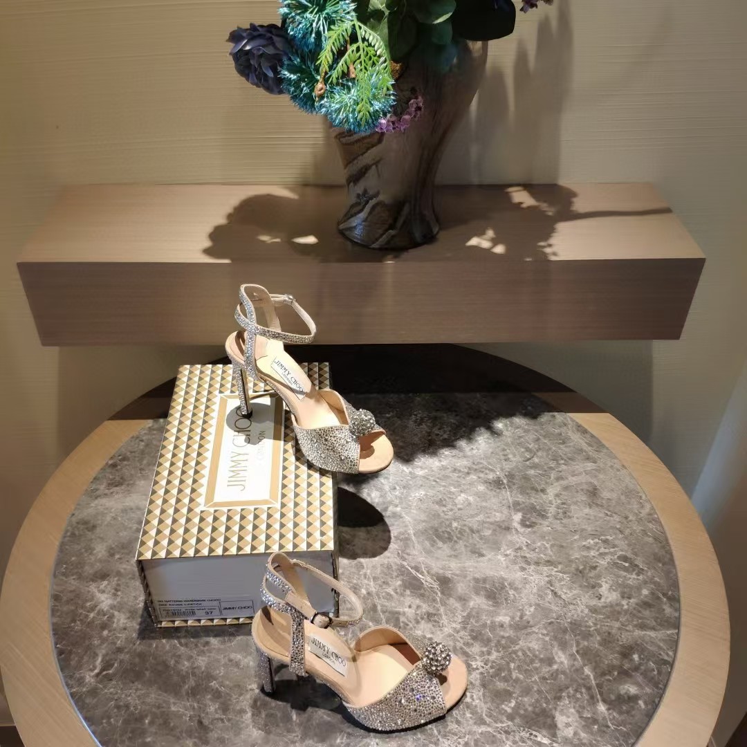 [TOP] Jimmy Choo Nude Suede Sandals with Hotfix Crystals - Sliver