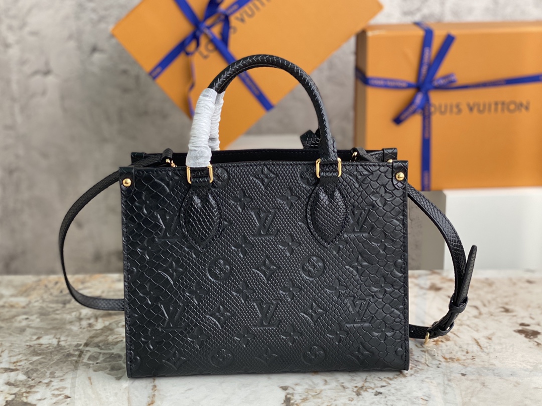 [TOP] Louis Vuitton LV On The Go Tote Bag Monogram Lizard Pattern Calfskin 25x11x19cm - Black