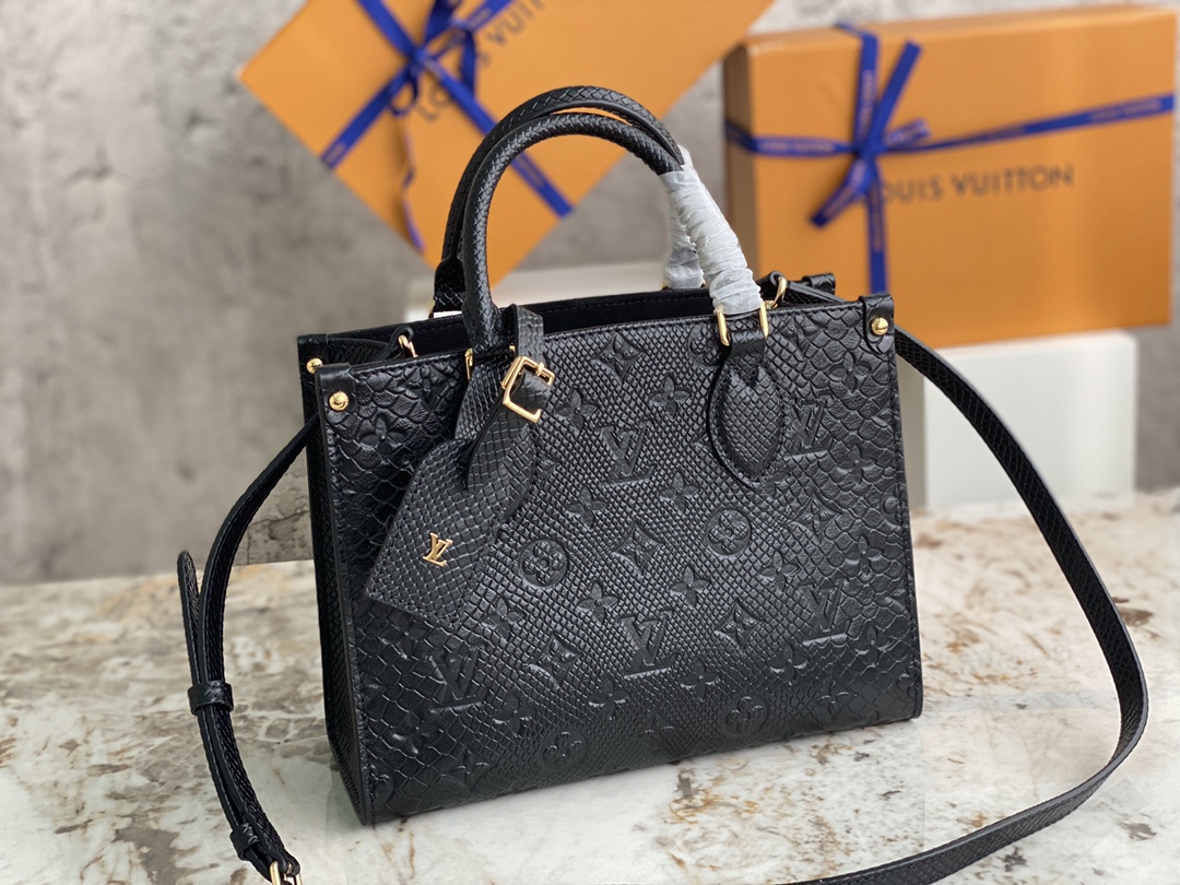 [TOP] Louis Vuitton LV On The Go Tote Bag Monogram Lizard Pattern Calfskin 25x11x19cm - Black