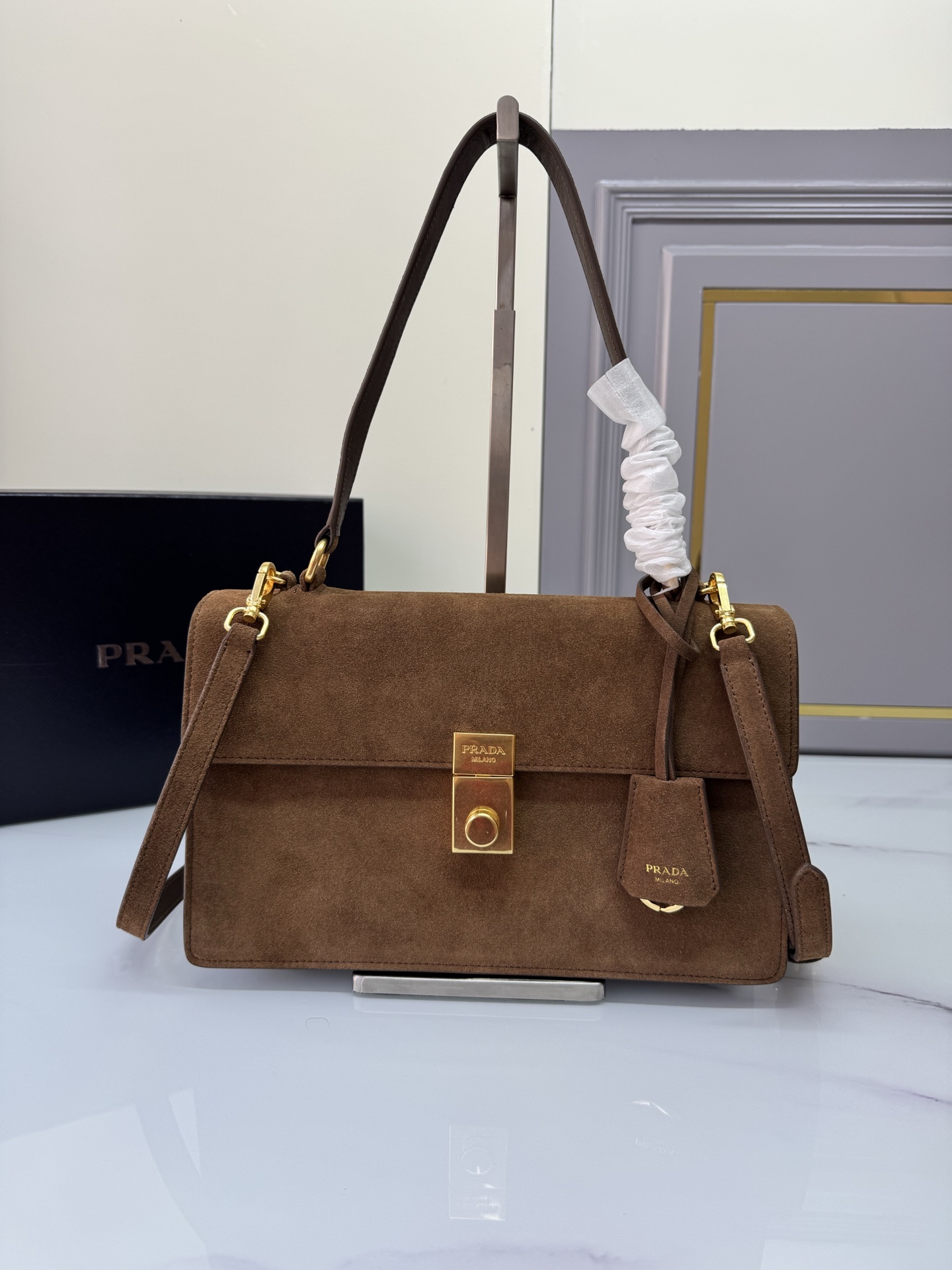 [TOP] PRADA Soft Sound Handbag Chamois 28x16x10cm - Brown