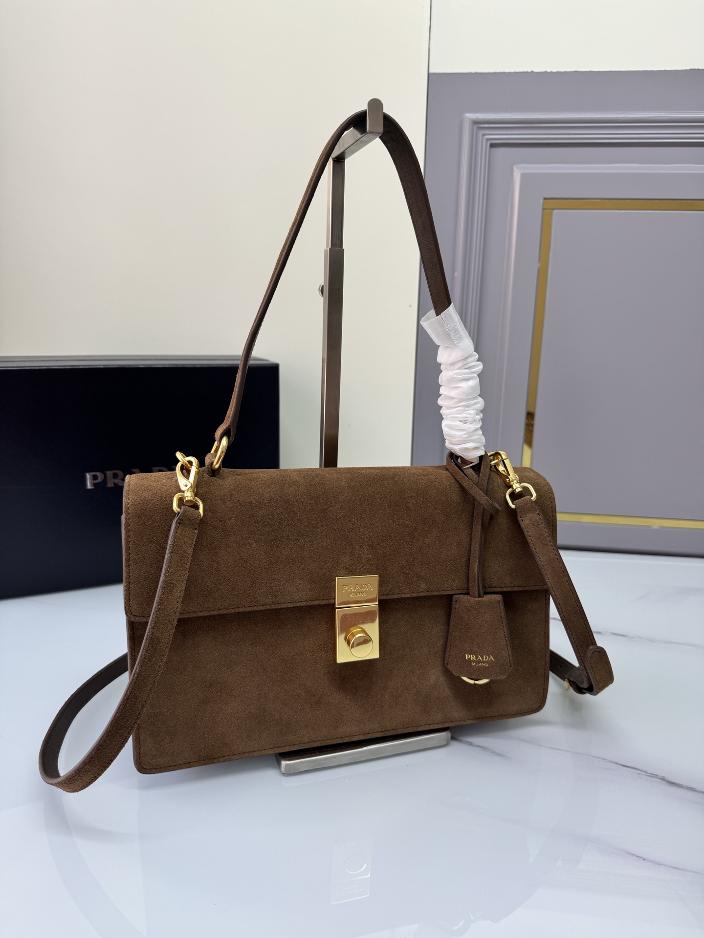 [TOP] PRADA Soft Sound Handbag Chamois 28x16x10cm - Brown