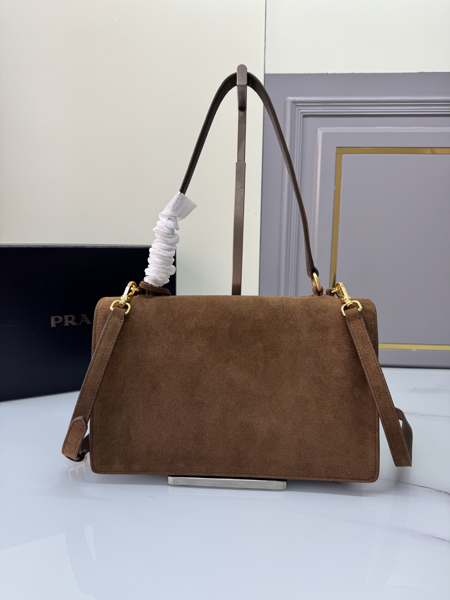 [TOP] PRADA Soft Sound Handbag Chamois 28x16x10cm - Brown