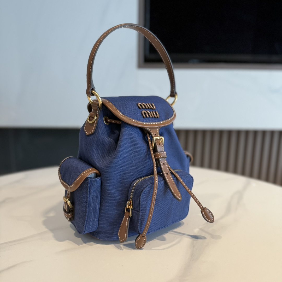 [TOP] Miu Miu Backpack Canvas+Cowhide 22*18*11.5cm- Blue