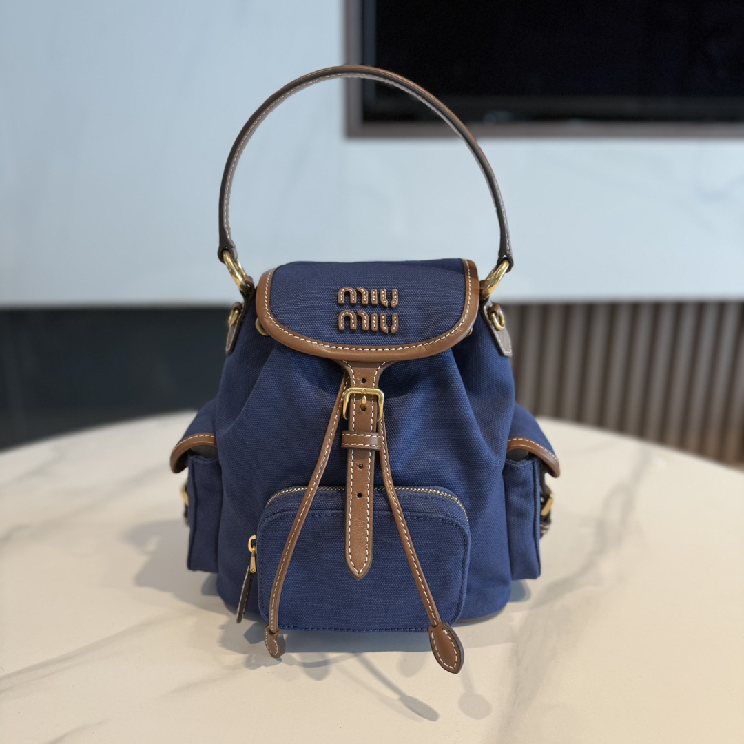 [TOP] Miu Miu Backpack Canvas+Cowhide 22*18*11.5cm- Blue