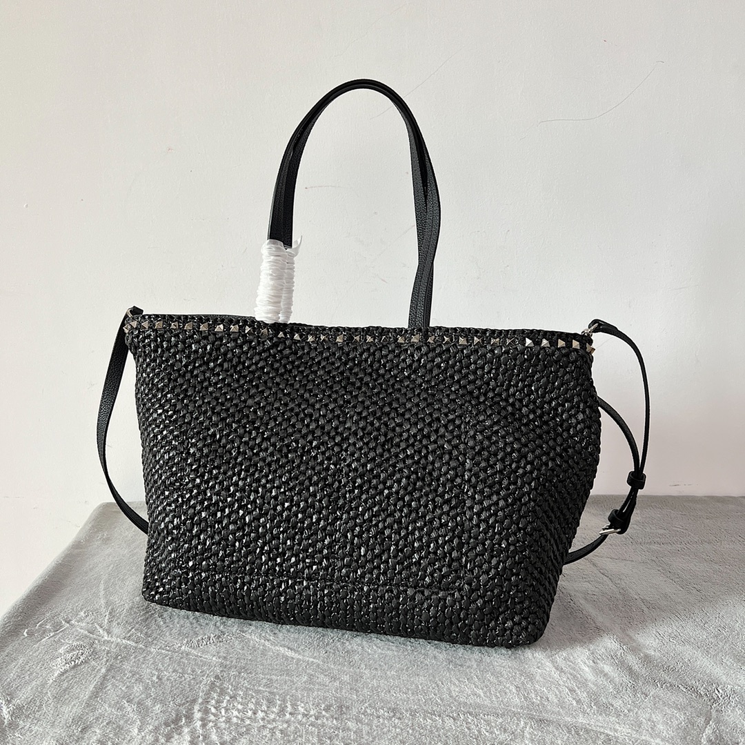 [TOP] VALENTINO Garavani Rockstud Woven Shopping Bag 48*27.5*12.5cm - Black