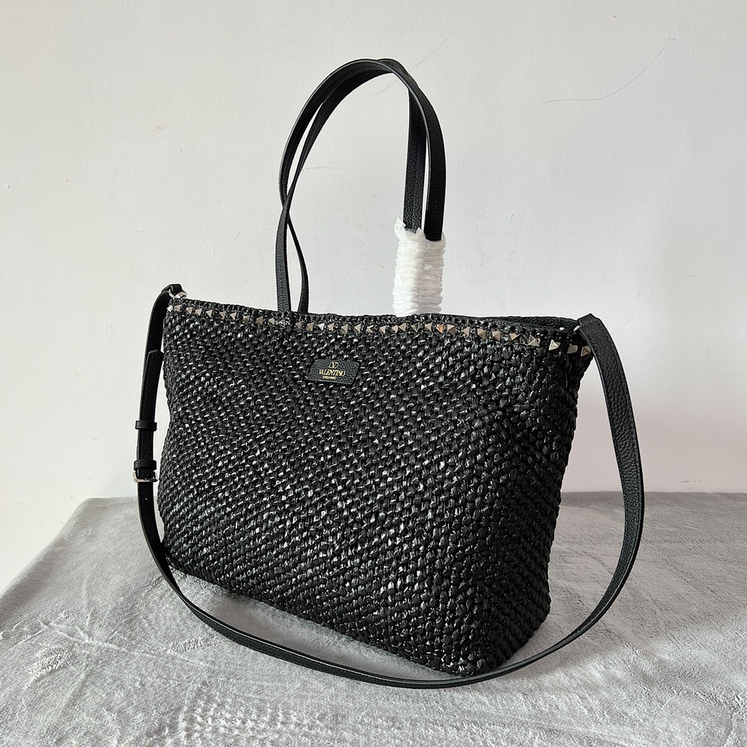 [TOP] VALENTINO Garavani Rockstud Woven Shopping Bag 48*27.5*12.5cm - Black