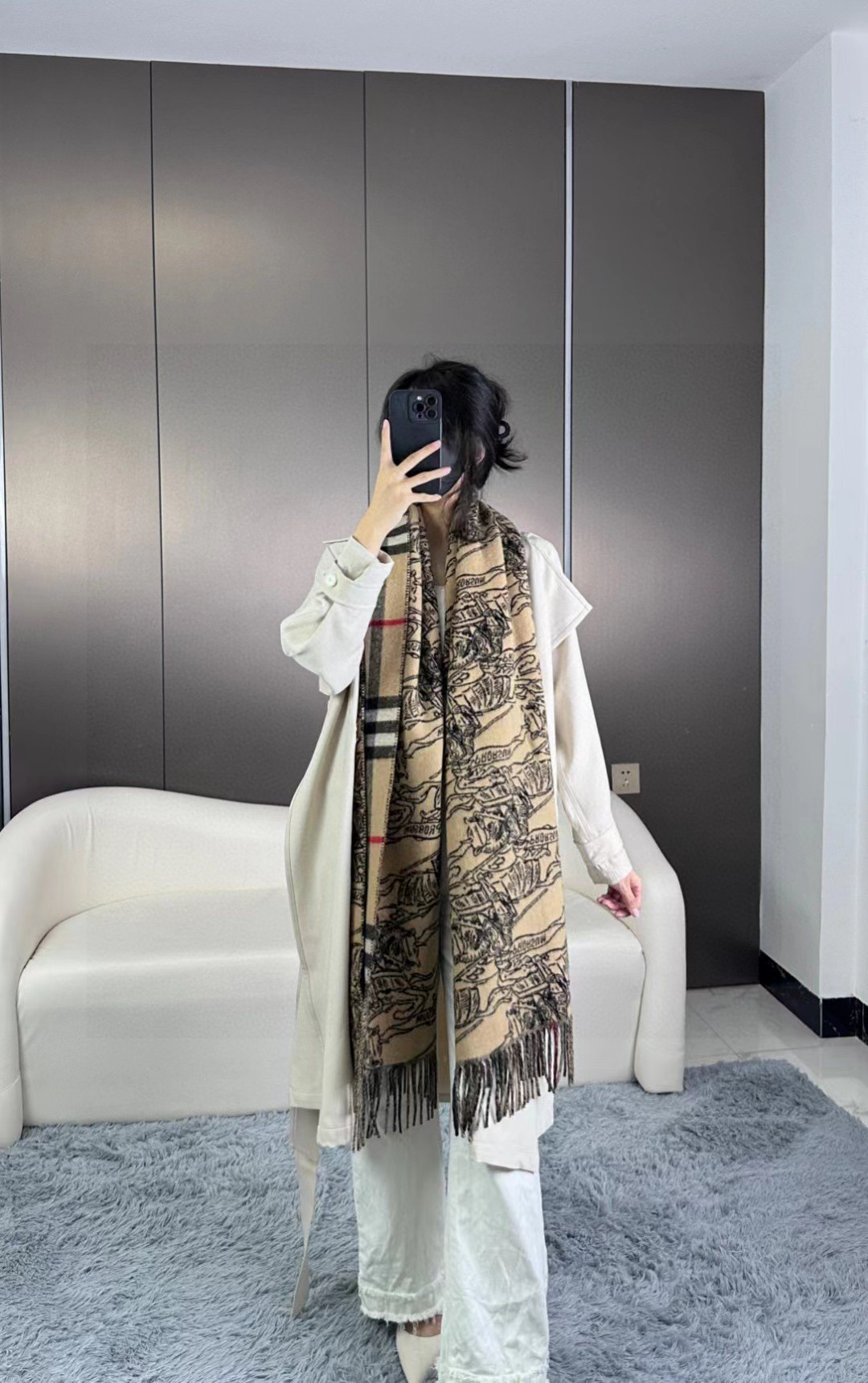 [TOP] BURBERRY War Horse Knight Reversible Shawl Scarf 50 x 210 cm - Brown