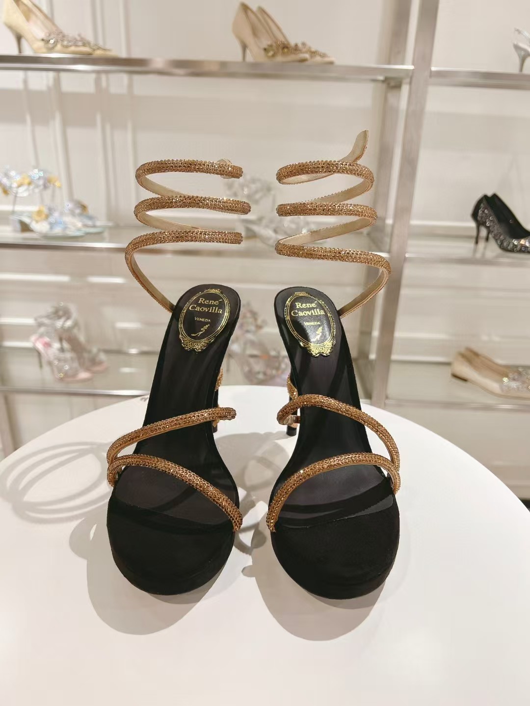 [TOP] Rene Caovilla MARGOT CRYSTAL GOLD PLATFORM SANDAL  - Black