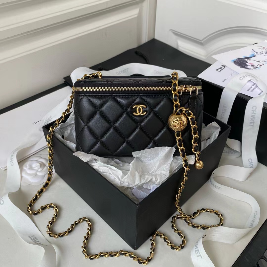 [TOP] CHANEL AP2303 Makeup Small Box Gold Chain 17*9.5*8cm - Black