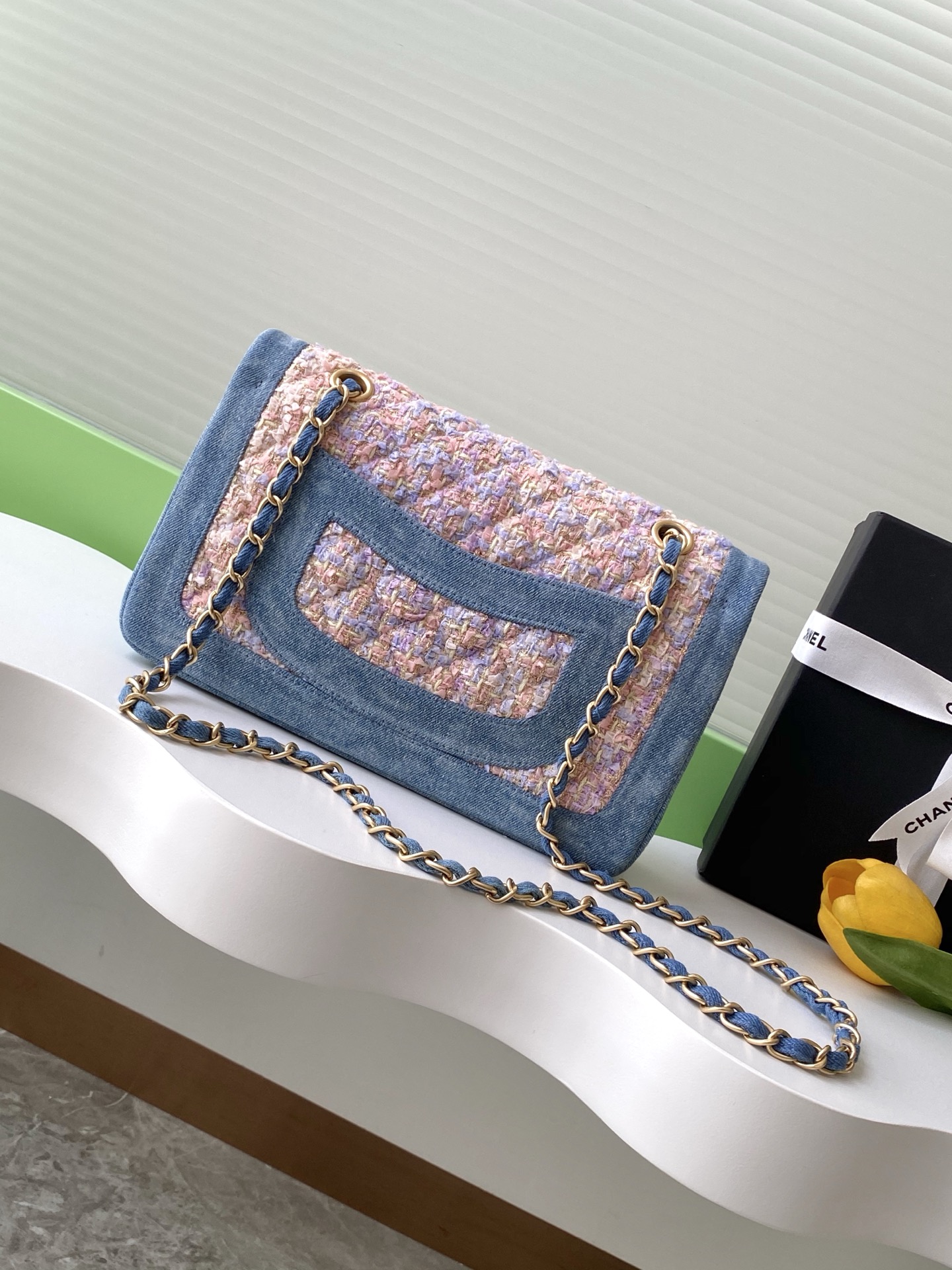 [TOP] CHANEL Flap Bag Denim Patchwork Bag 14x21x8cm - Blue&Pink