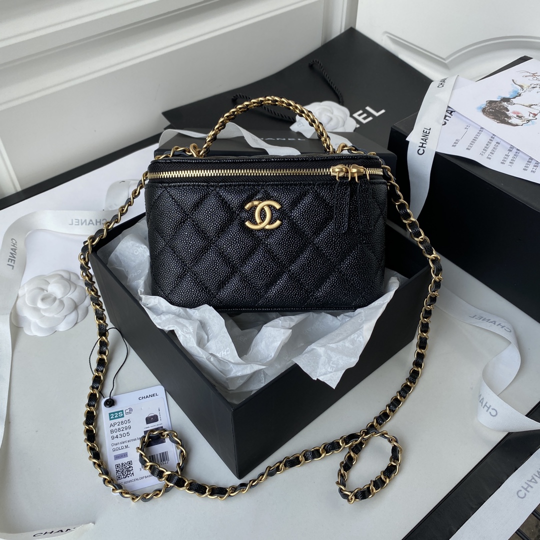 [TOP] CHANEL Vanity Case New Top Handle w Logo Calfskin 17*9.5*8*cm - Black