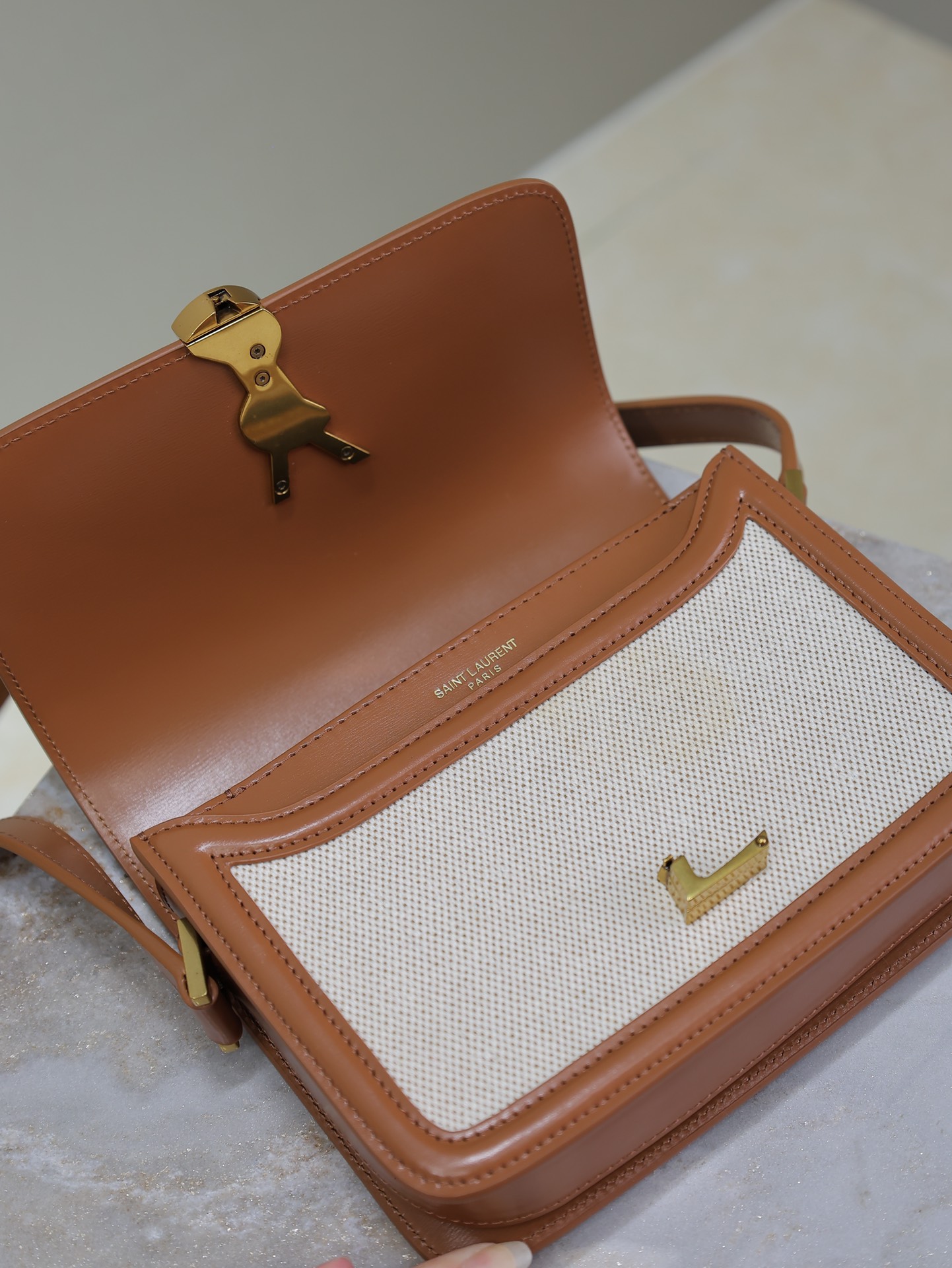 [TOP] Yves Saint Laurent YSL Solferino Bags Cowhide with Cotton and Linen 19/23cm - Brown/White&GHW