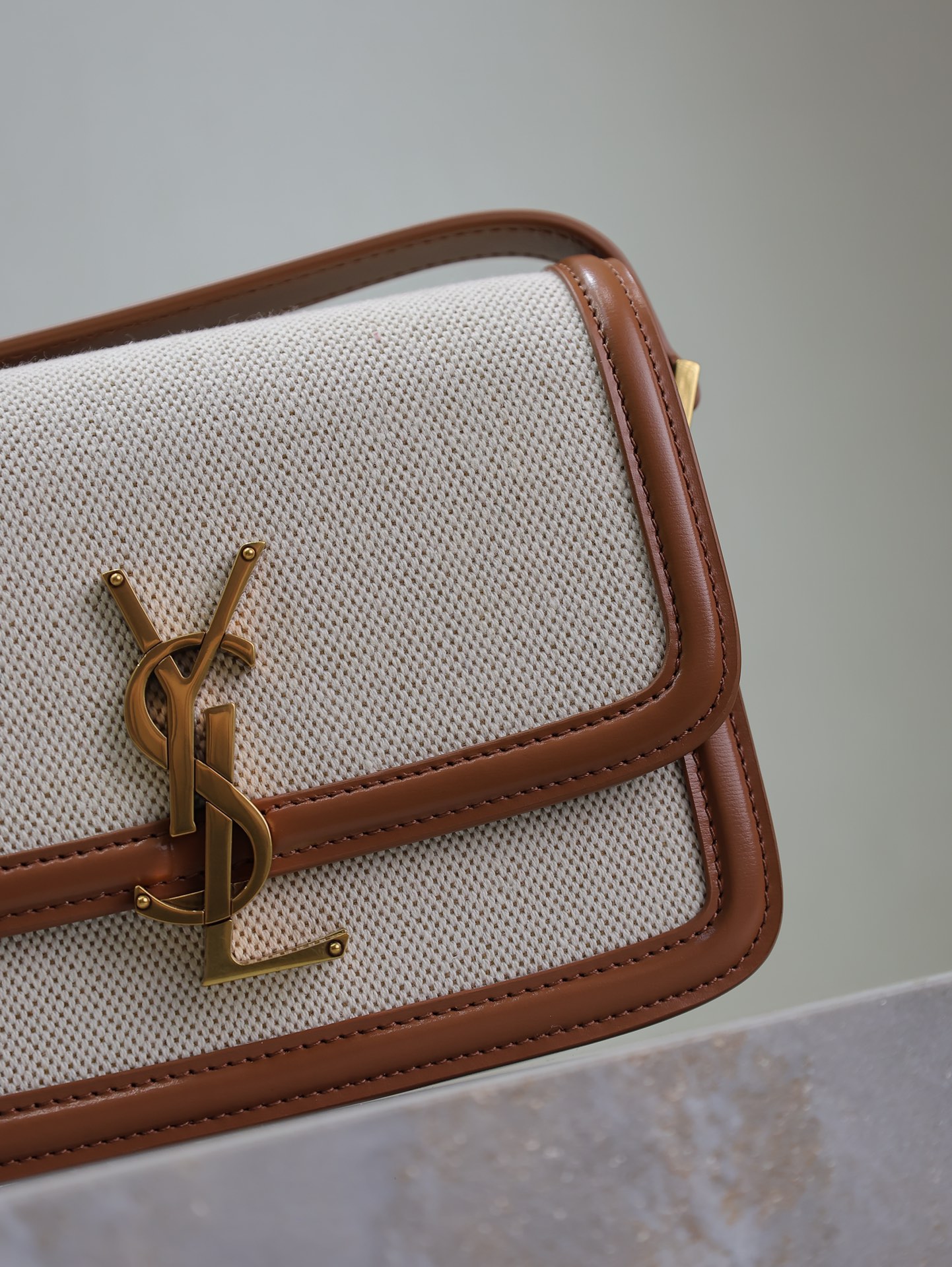 [TOP] Yves Saint Laurent YSL Solferino Bags Cowhide with Cotton and Linen 19/23cm - Brown/White&GHW