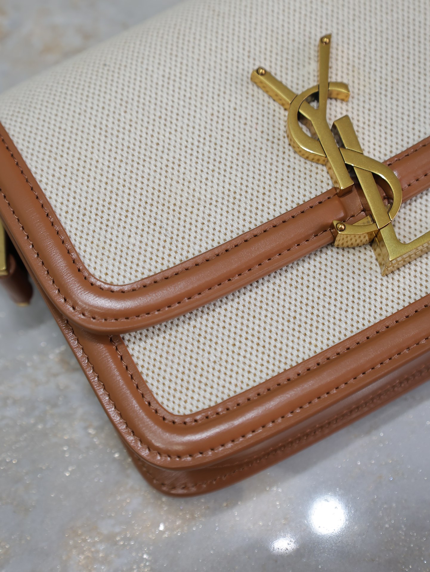 [TOP] Yves Saint Laurent YSL Solferino Bags Cowhide with Cotton and Linen 19/23cm - Brown/White&GHW