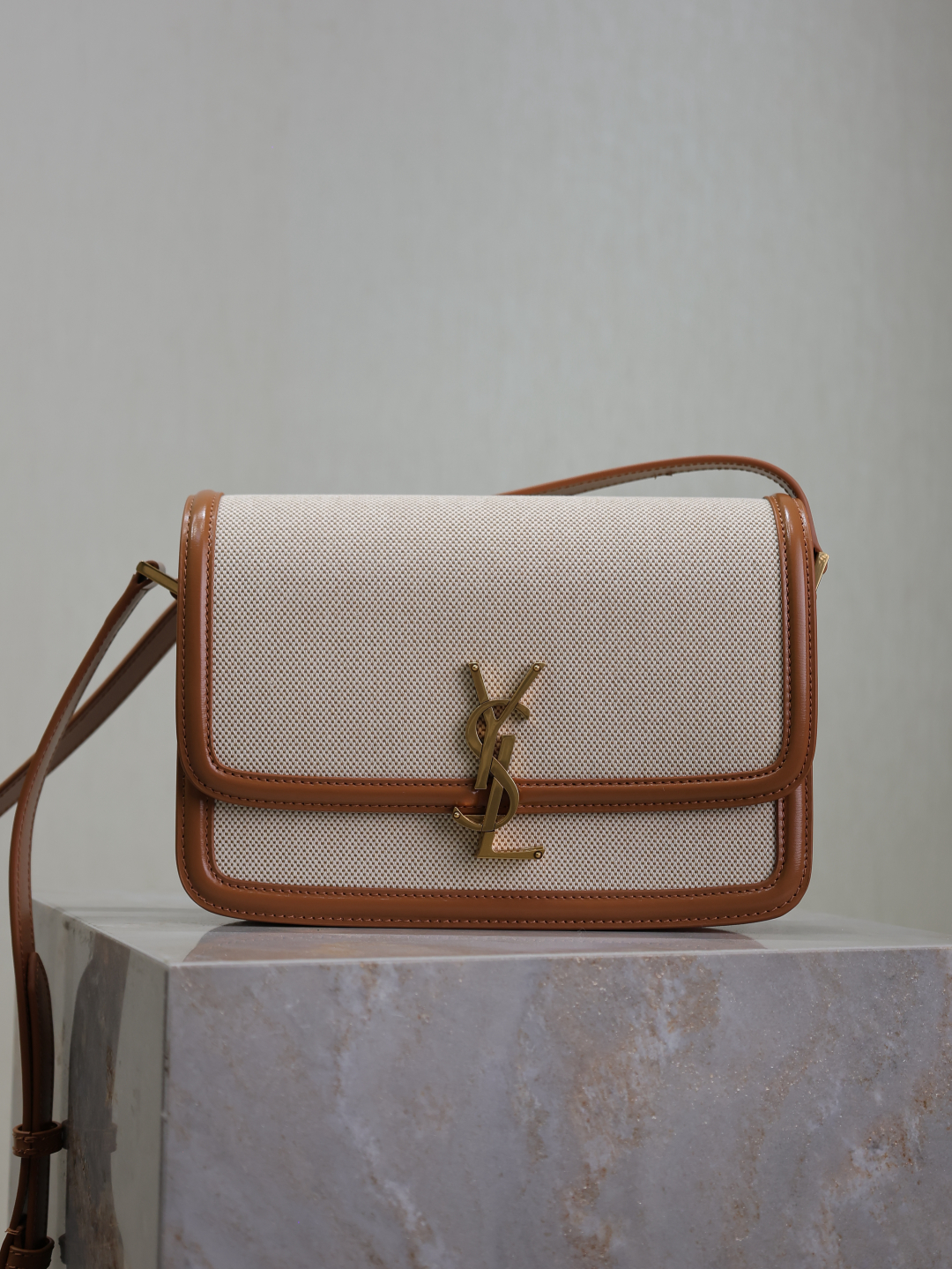 [TOP] Yves Saint Laurent YSL Solferino Bags Cowhide with Cotton and Linen 19/23cm - Brown/White&GHW