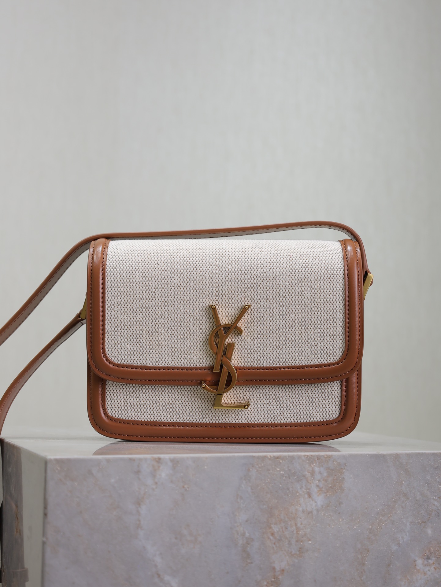 [TOP] Yves Saint Laurent YSL Solferino Bags Cowhide with Cotton and Linen 19/23cm - Brown/White&GHW